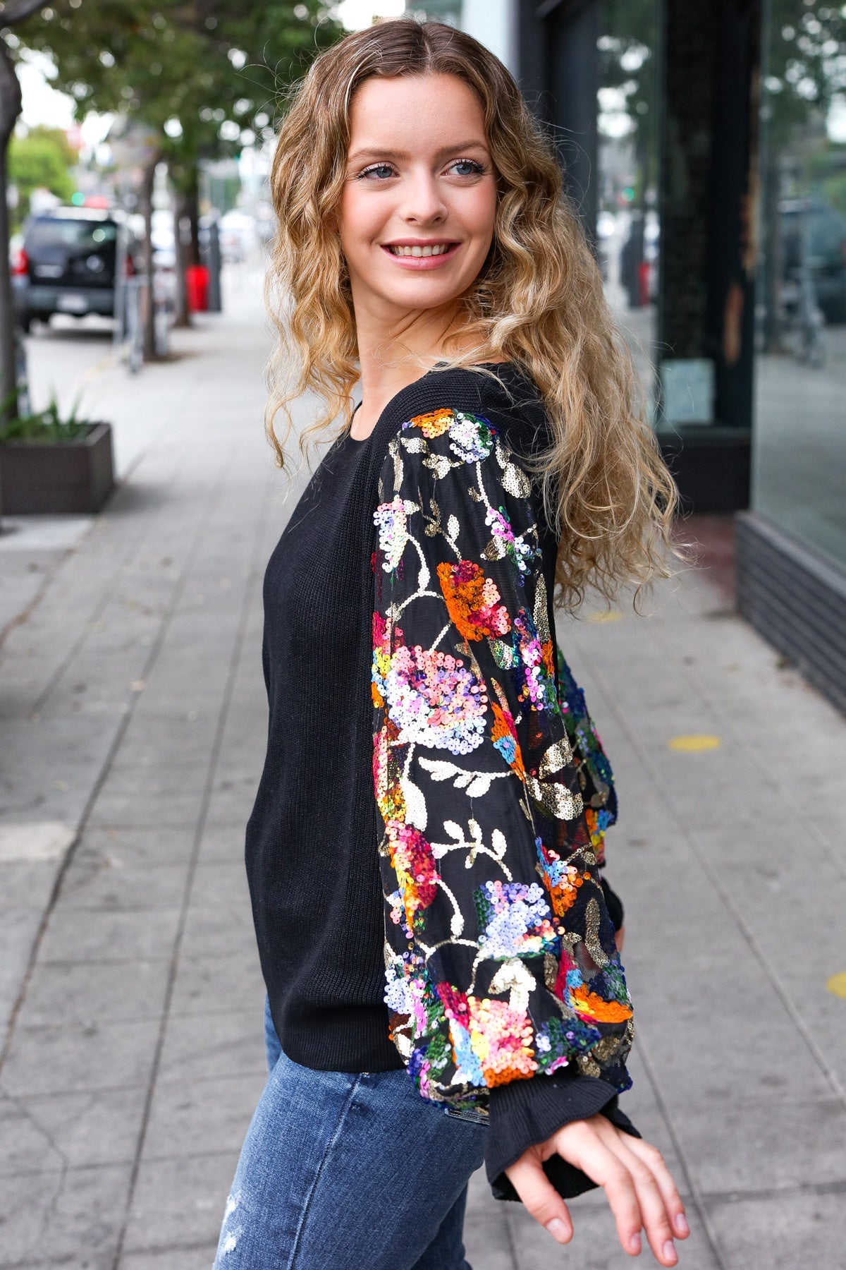 Diva Dreams Black Floral Sequin Mesh Sleeve Rib Knit Top - Charming Charlie