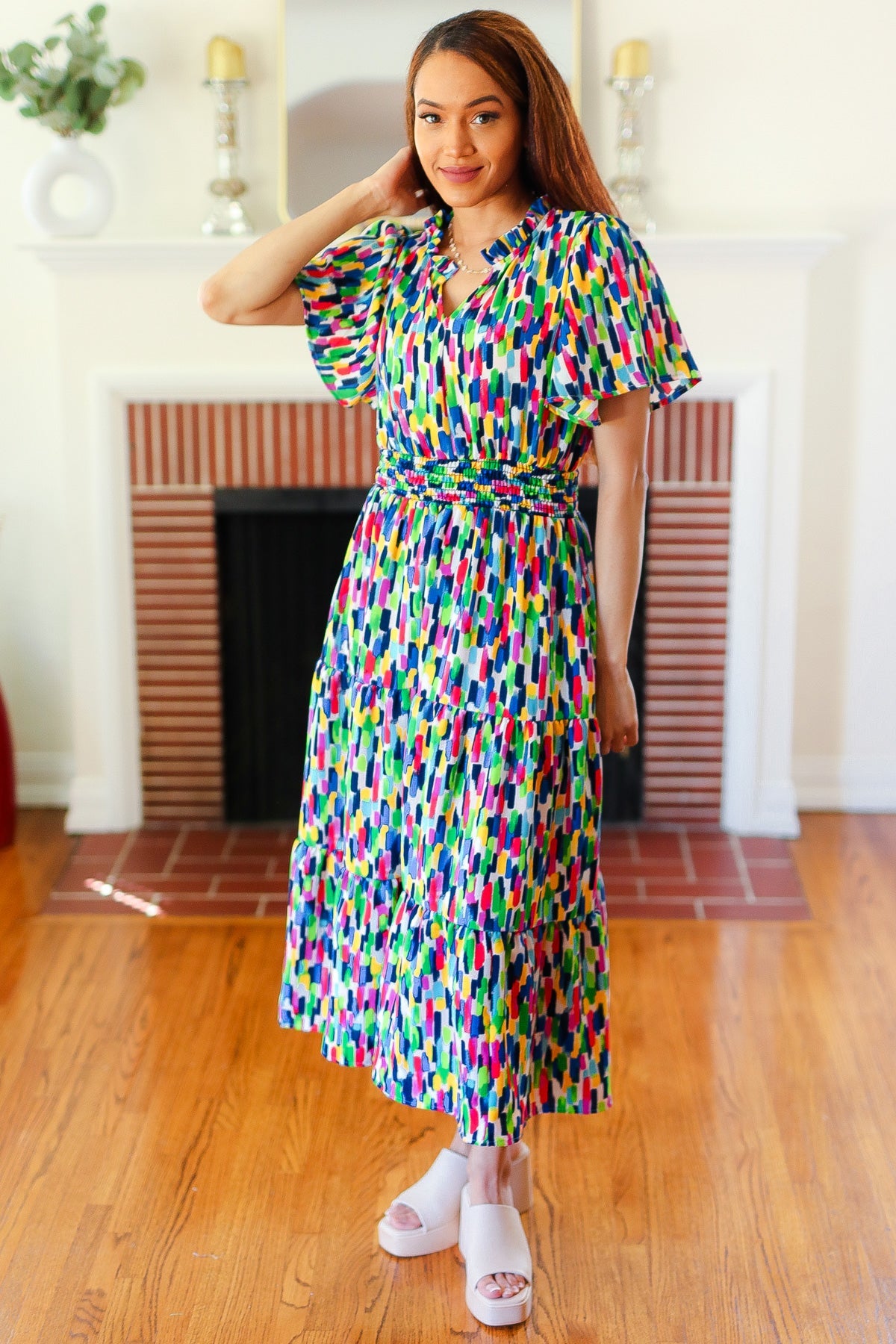 All For You Navy Multicolor Abstract Print Smocked Waist Maxi Dress - Charming Charlie
