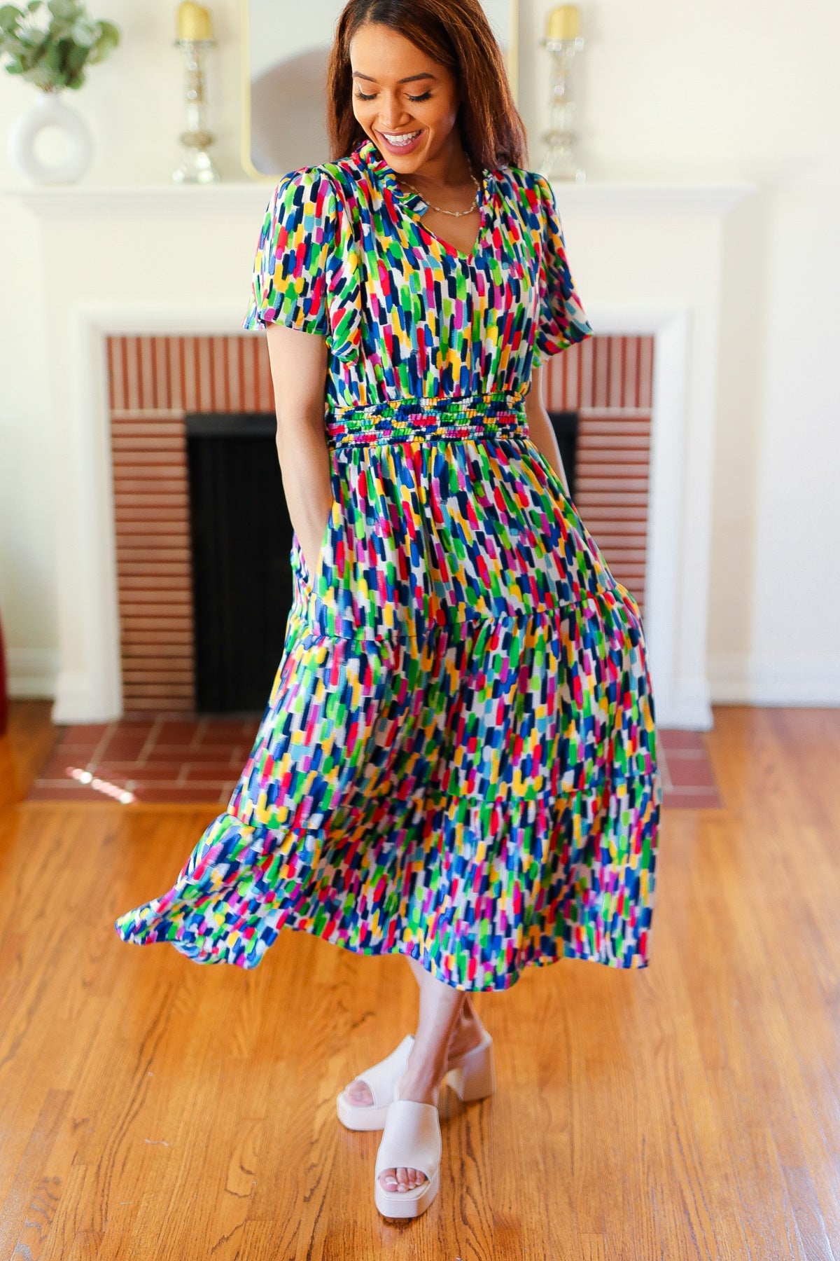 All For You Navy Multicolor Abstract Print Smocked Waist Maxi Dress - Charming Charlie
