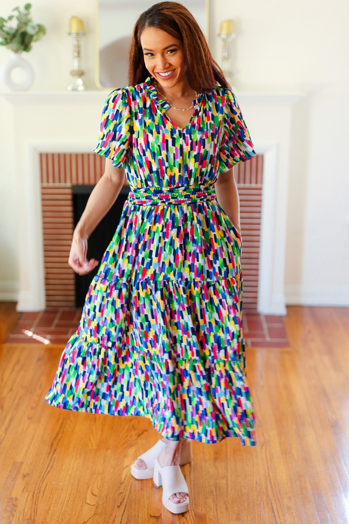 All For You Navy Multicolor Abstract Print Smocked Waist Maxi Dress - Charming Charlie