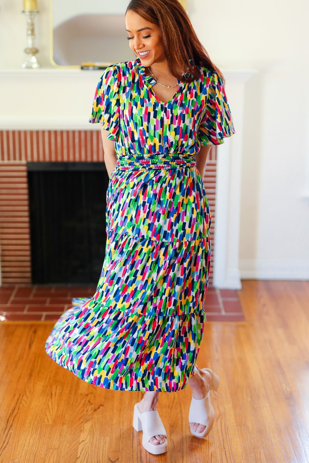 All For You Navy Multicolor Abstract Print Smocked Waist Maxi Dress - Charming Charlie