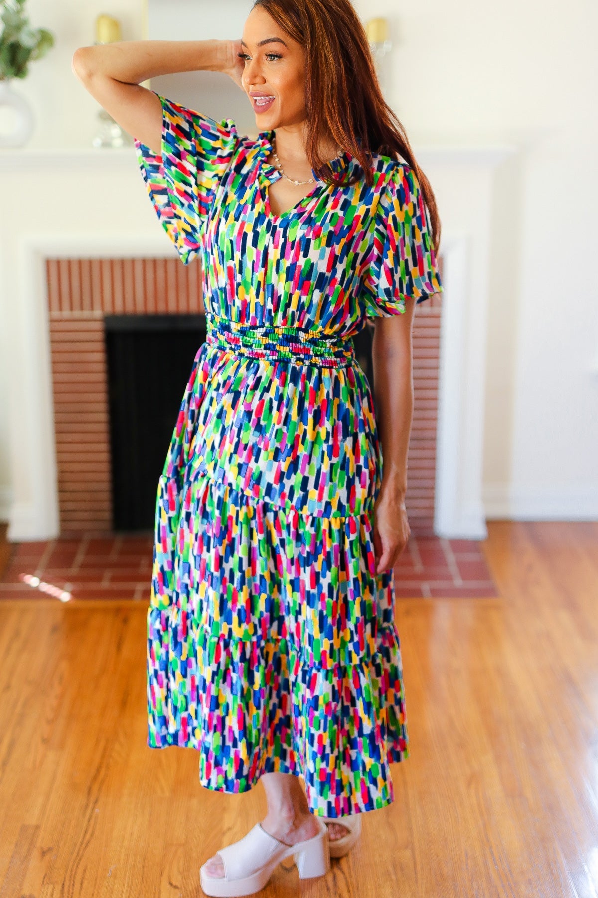 All For You Navy Multicolor Abstract Print Smocked Waist Maxi Dress - Charming Charlie