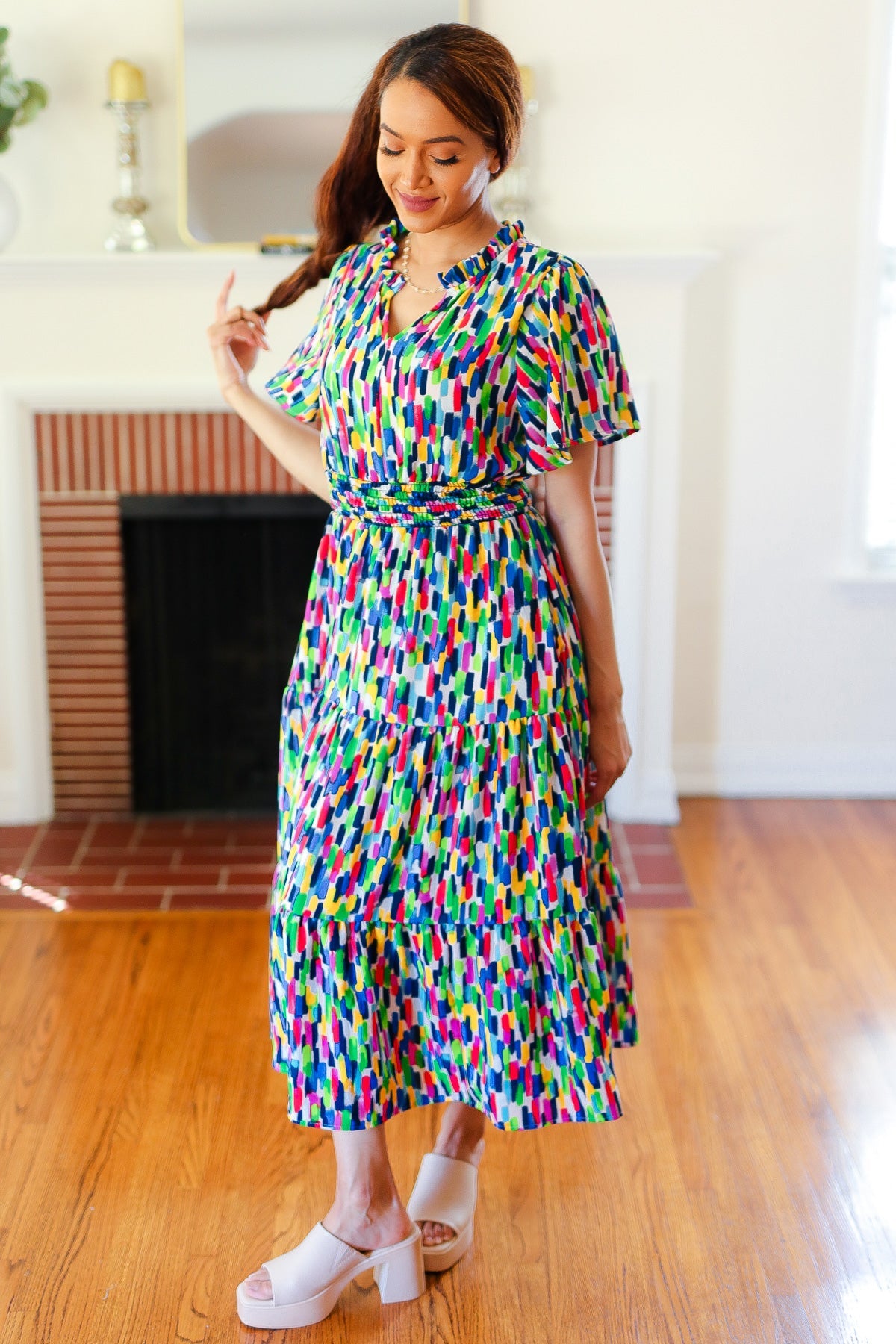 All For You Navy Multicolor Abstract Print Smocked Waist Maxi Dress - Charming Charlie