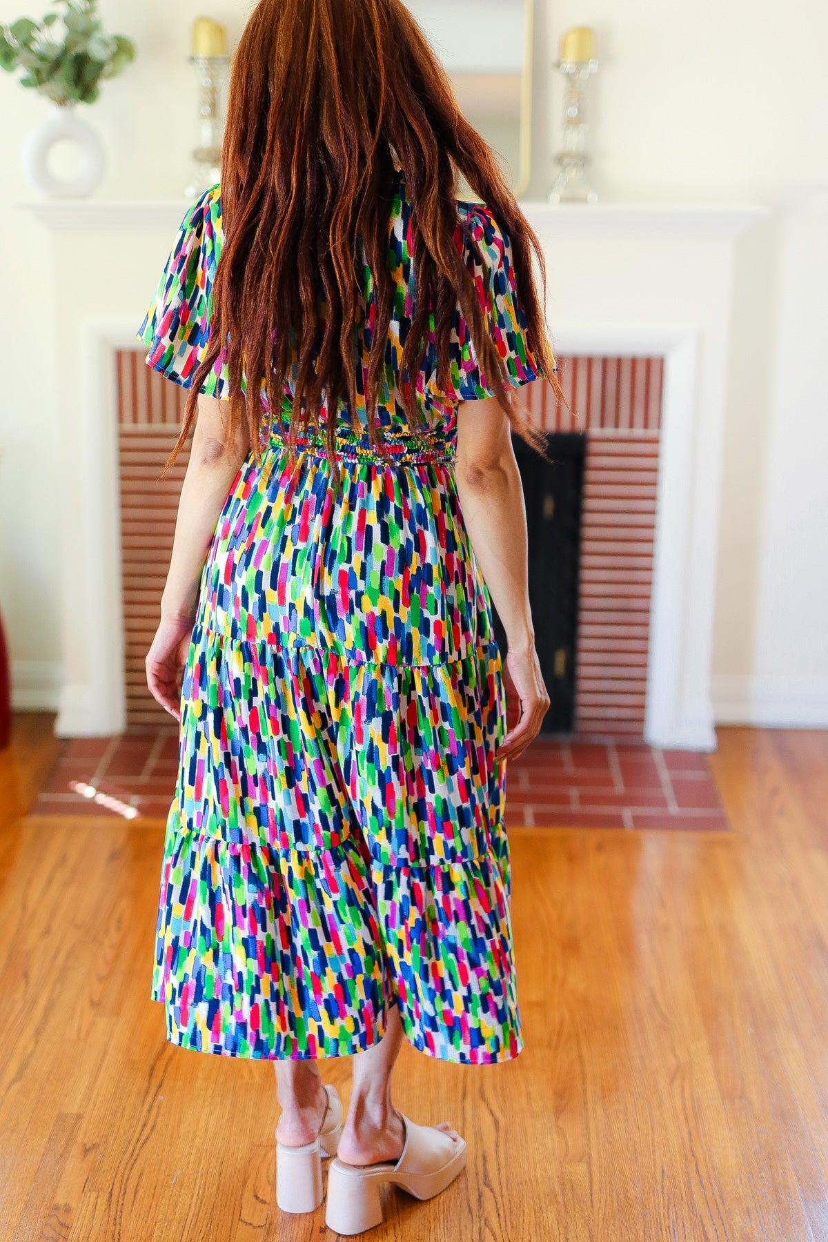 All For You Navy Multicolor Abstract Print Smocked Waist Maxi Dress - Charming Charlie