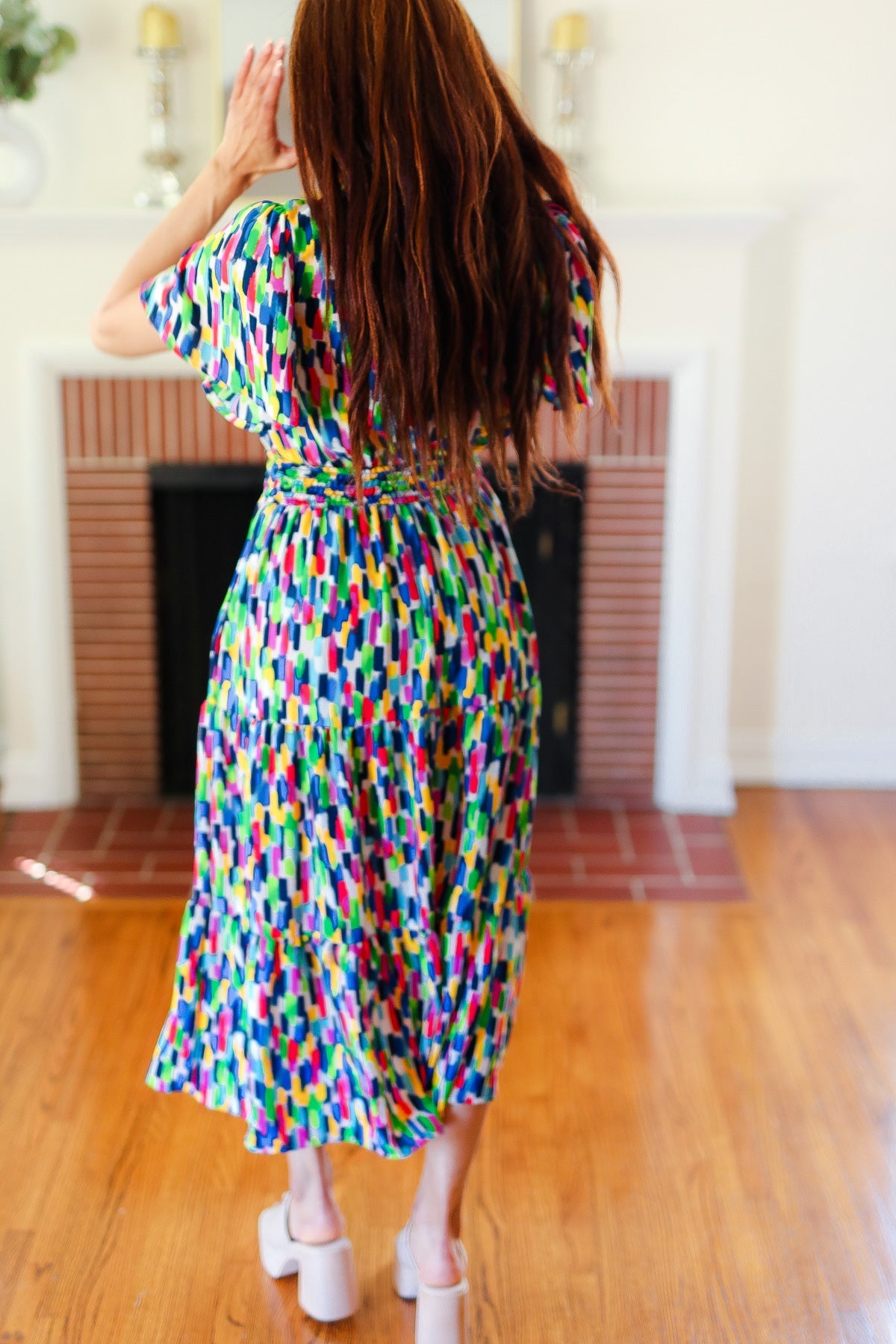 All For You Navy Multicolor Abstract Print Smocked Waist Maxi Dress - Charming Charlie