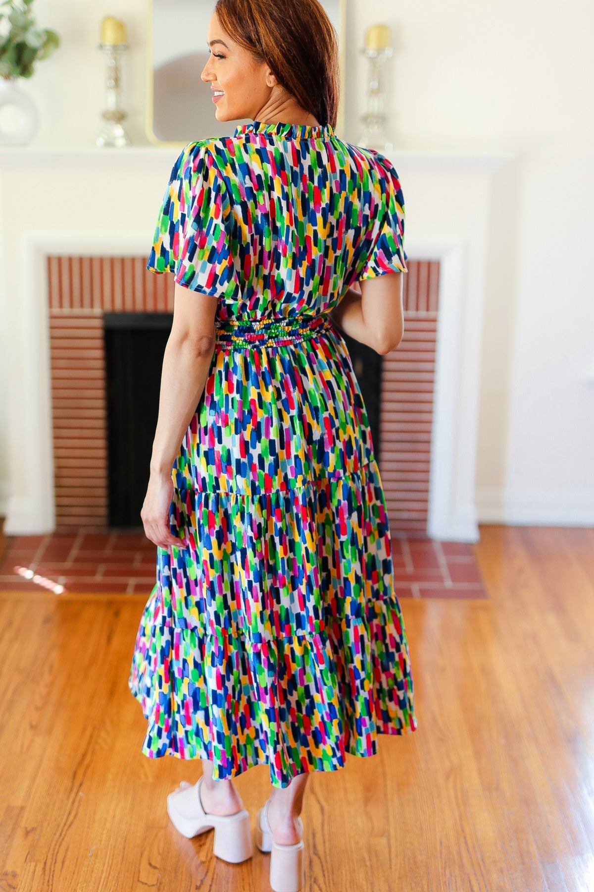 All For You Navy Multicolor Abstract Print Smocked Waist Maxi Dress - Charming Charlie
