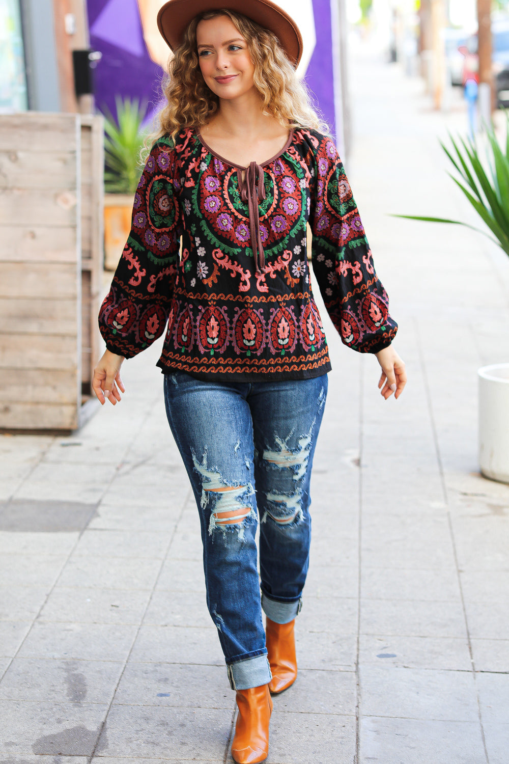 Take The Leap Black & Mauve Border Print Boho Tie Top - Charming Charlie
