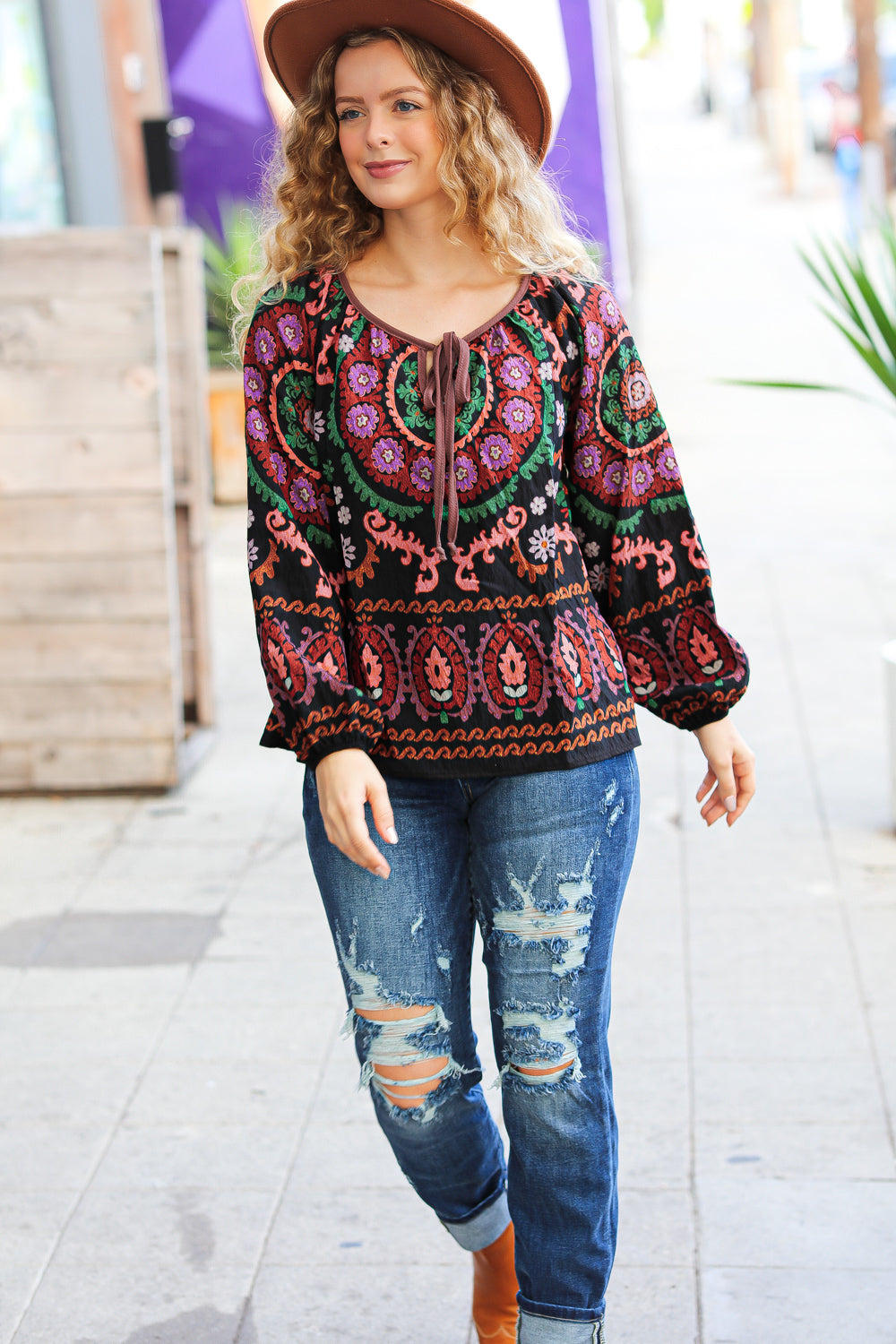 Take The Leap Black & Mauve Border Print Boho Tie Top - Charming Charlie