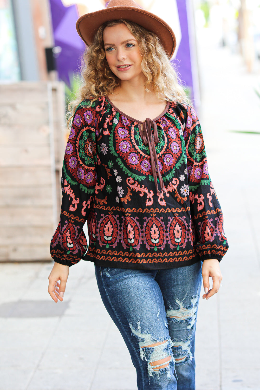 Take The Leap Black & Mauve Border Print Boho Tie Top - Charming Charlie