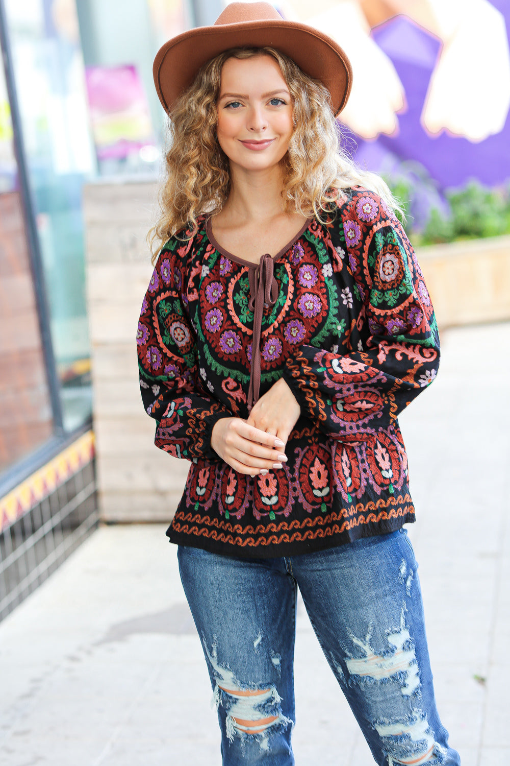 Take The Leap Black & Mauve Border Print Boho Tie Top - Charming Charlie