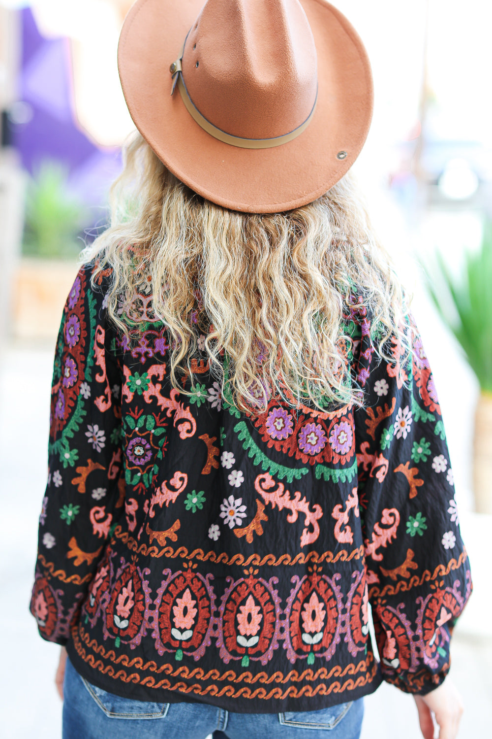 Take The Leap Black & Mauve Border Print Boho Tie Top - Charming Charlie