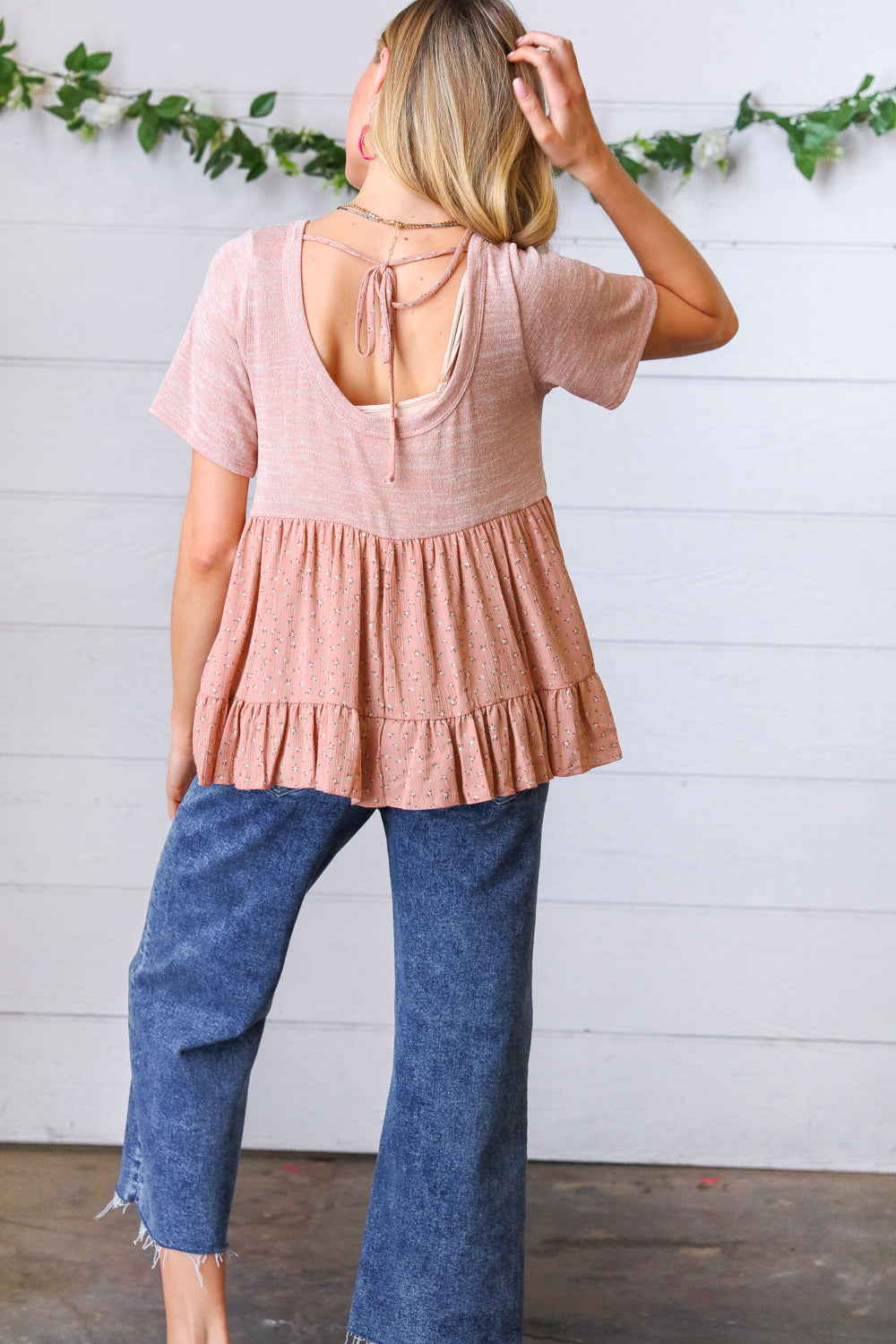 Mauve Tie Back Crinkle Floral Top - Charming Charlie