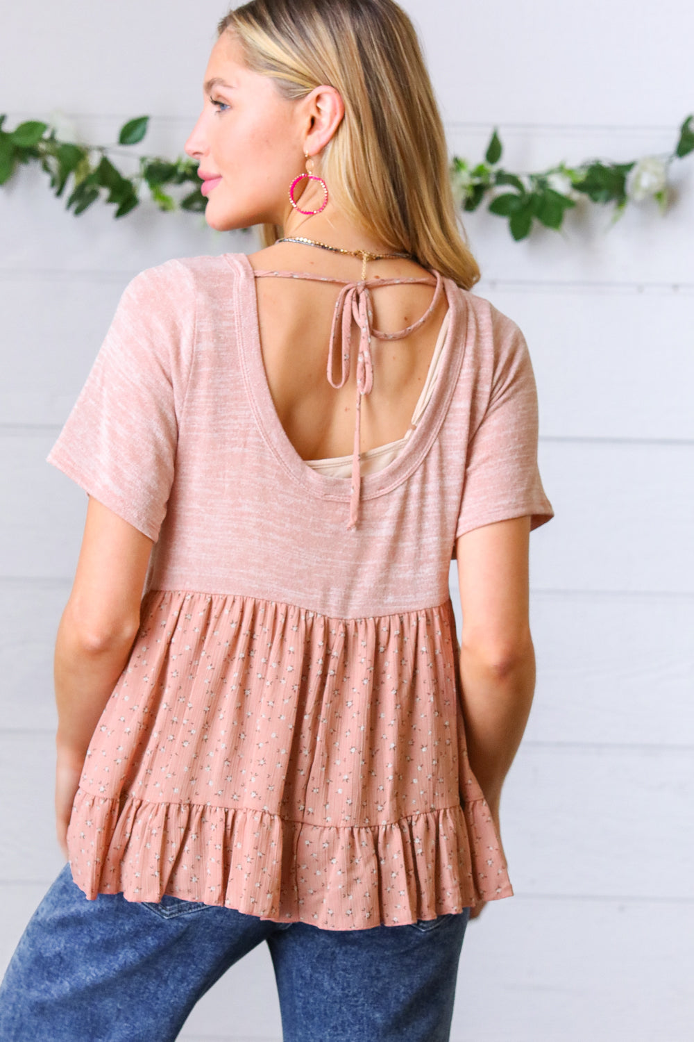 Mauve Tie Back Crinkle Floral Top - Charming Charlie
