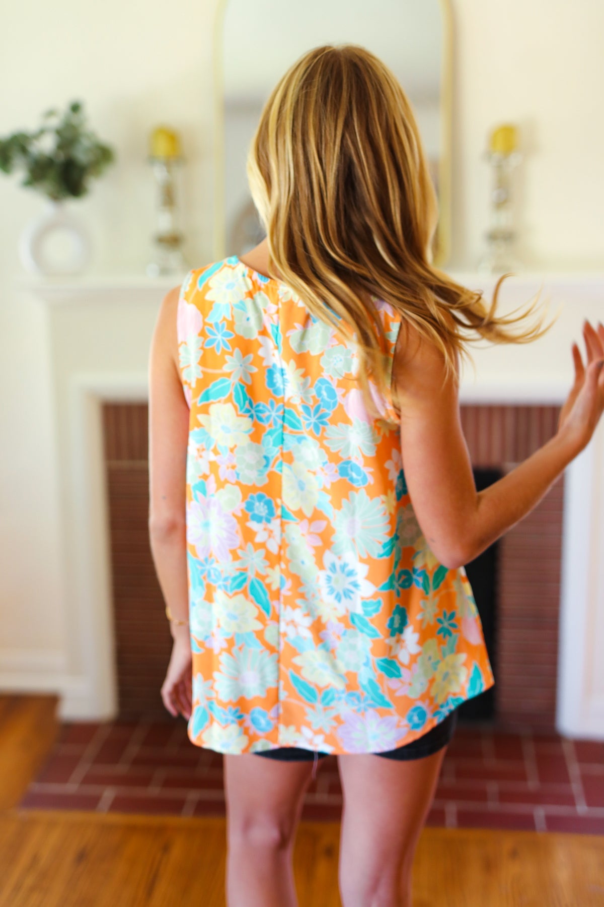 Tangerine Floral Banded V Neck Sleeveless Top - Charming Charlie