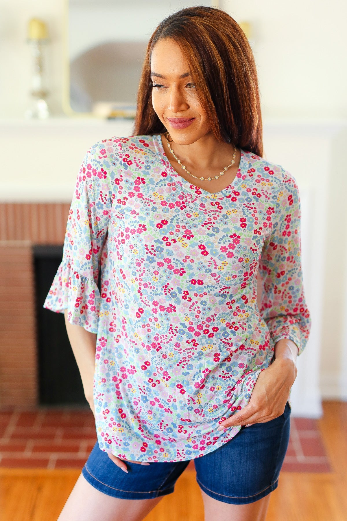 Feeling It Blue Floral Print Ruffle Three Quarter Sleeve Top - Charming Charlie