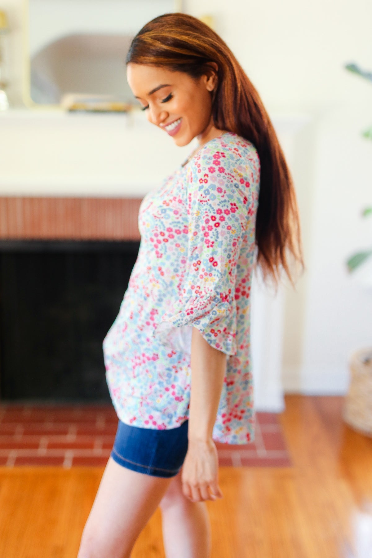 Feeling It Blue Floral Print Ruffle Three Quarter Sleeve Top - Charming Charlie