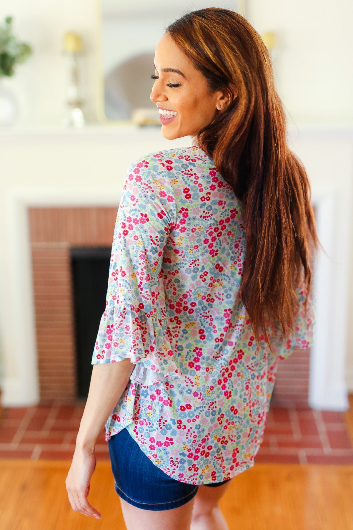 Feeling It Blue Floral Print Ruffle Three Quarter Sleeve Top - Charming Charlie