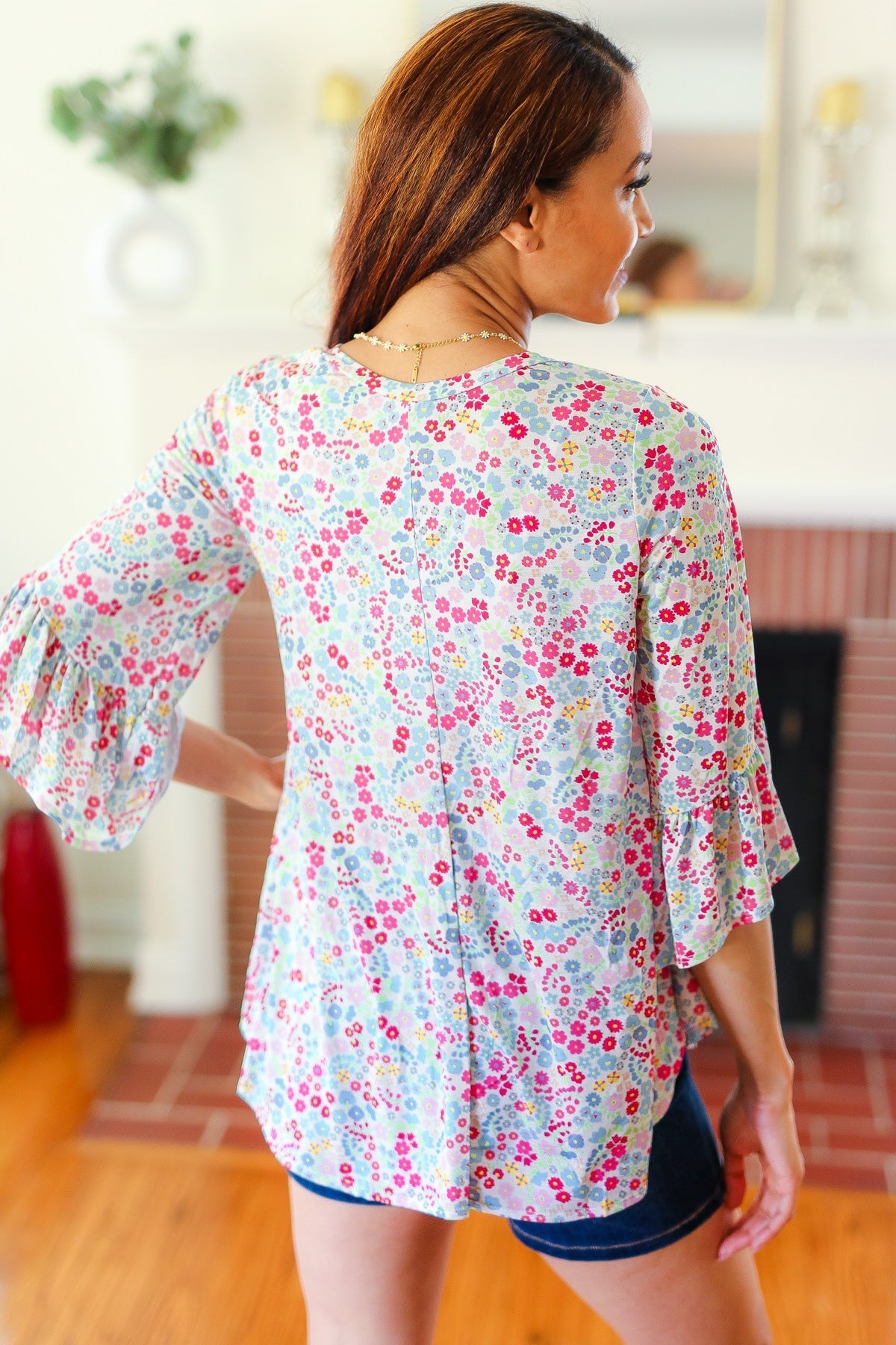 Feeling It Blue Floral Print Ruffle Three Quarter Sleeve Top - Charming Charlie
