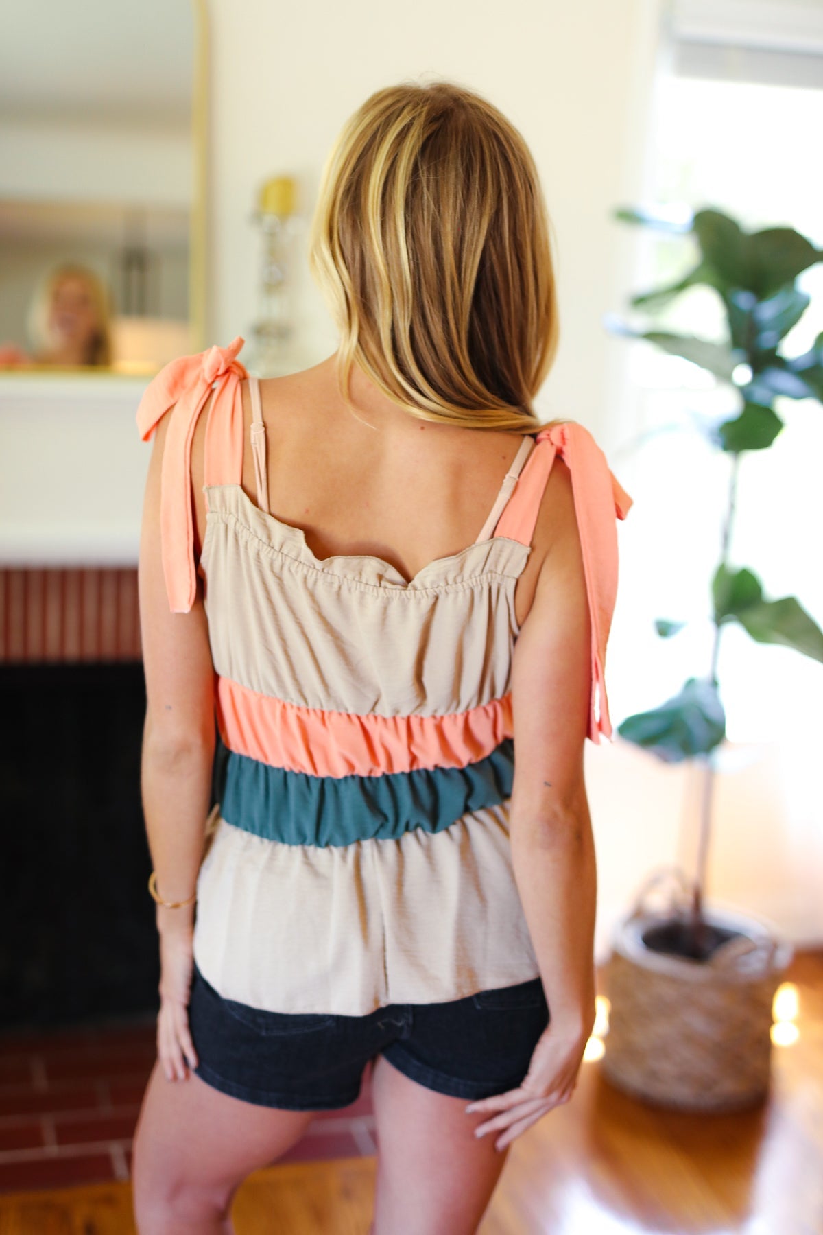 Peach Tie Knot Shoulder Detail Color Block Top - Charming Charlie