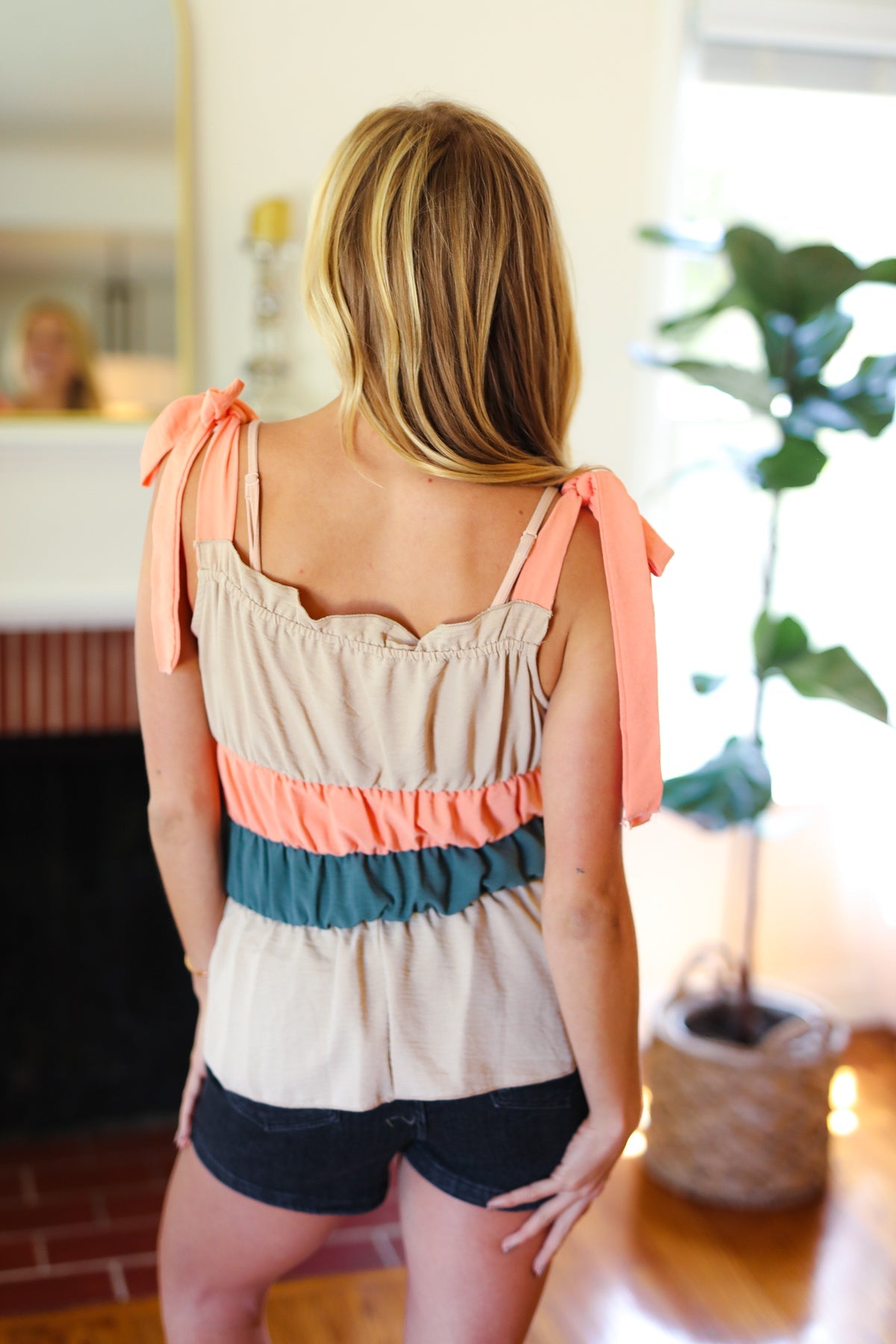 Peach Tie Knot Shoulder Detail Color Block Top - Charming Charlie