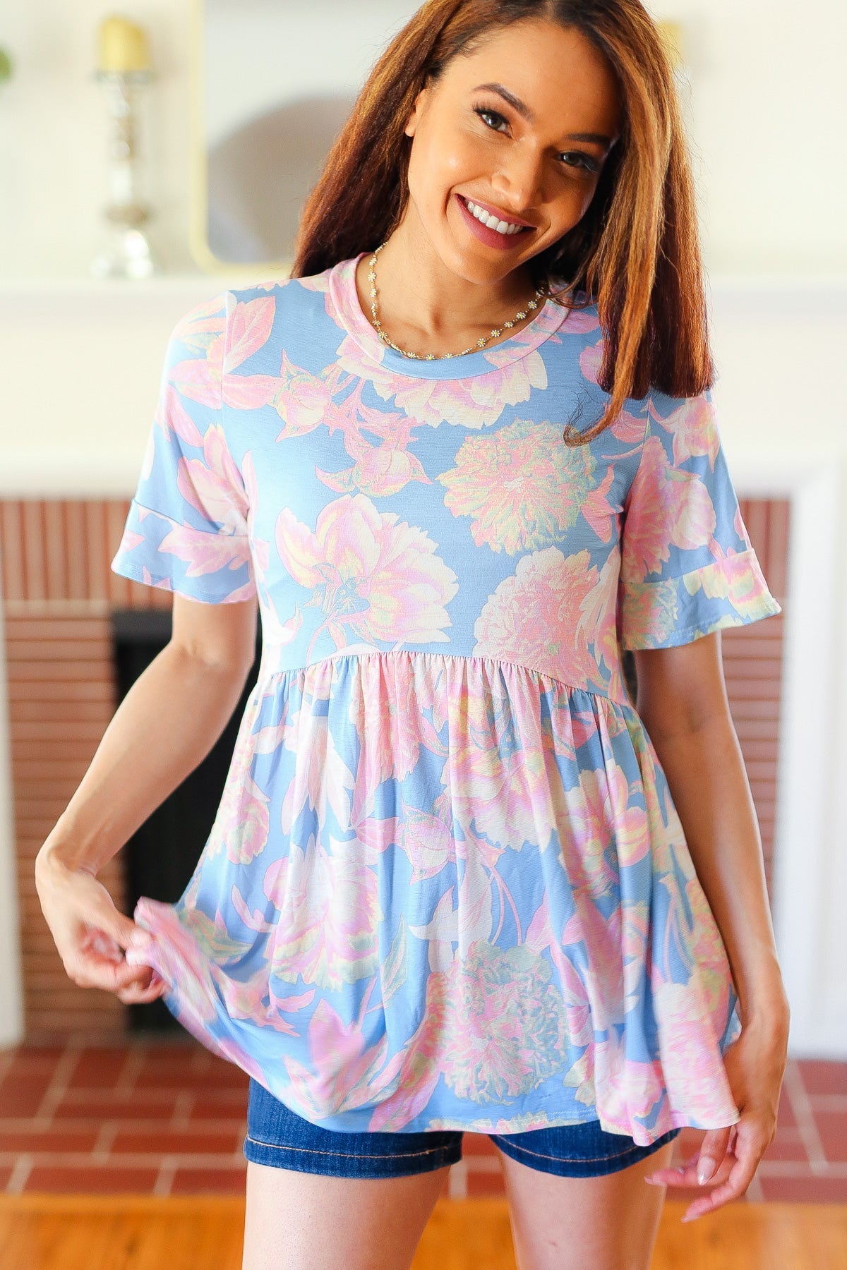 Seize The Day Blue & Pink Babydoll Ruffle Sleeve Top - Charming Charlie