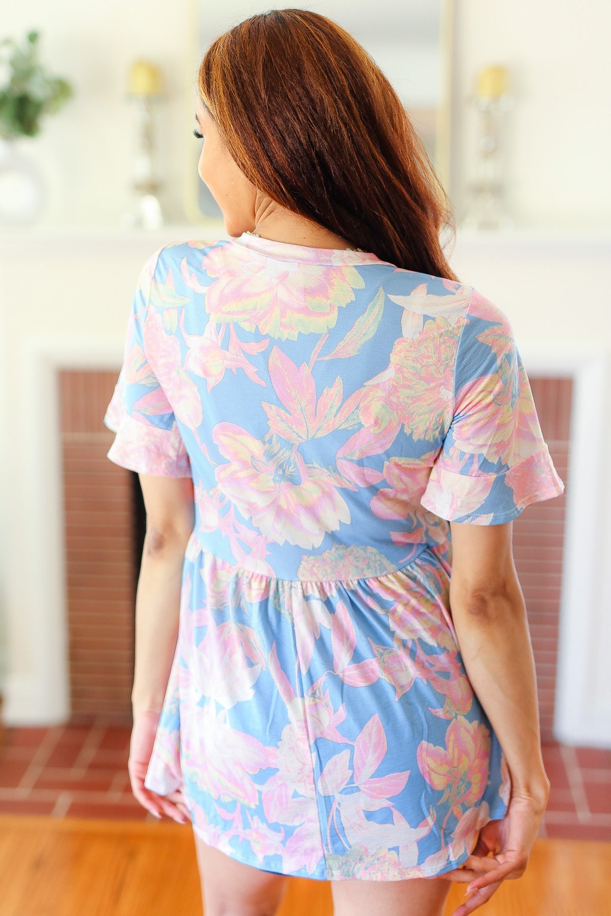 Seize The Day Blue & Pink Babydoll Ruffle Sleeve Top - Charming Charlie