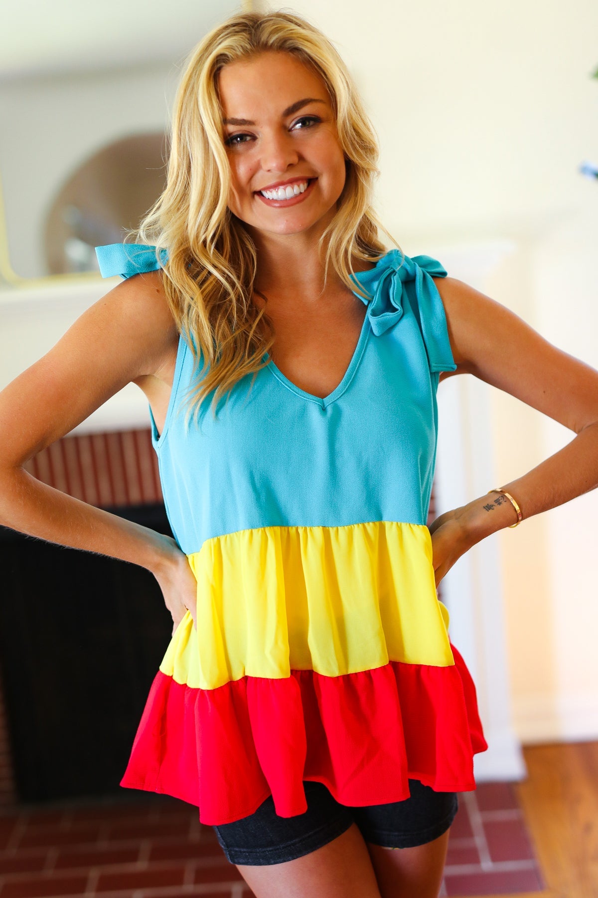 Multicolor Tiered Shoulder Tie Bow Crepe Top - Charming Charlie