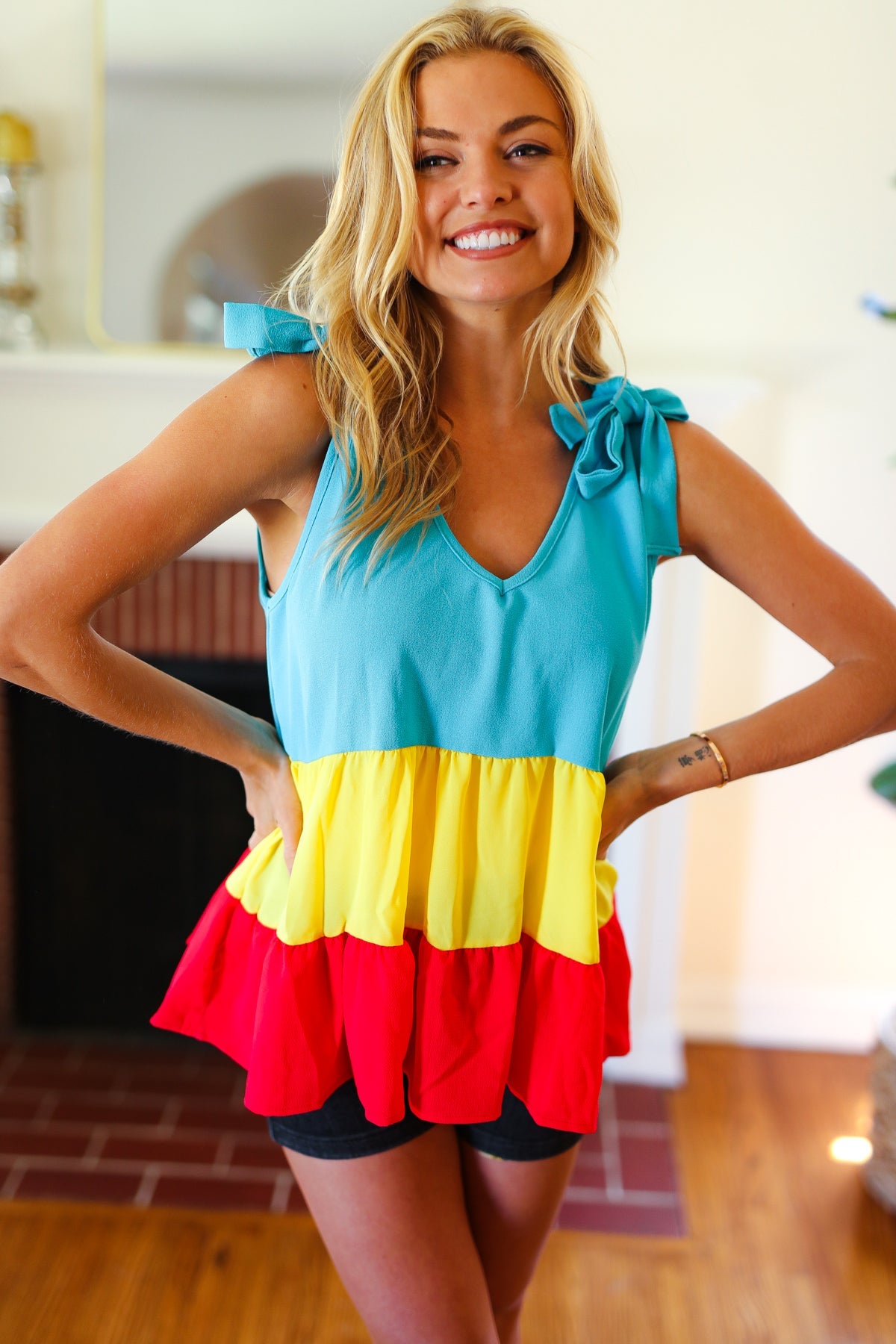 Multicolor Tiered Shoulder Tie Bow Crepe Top - Charming Charlie