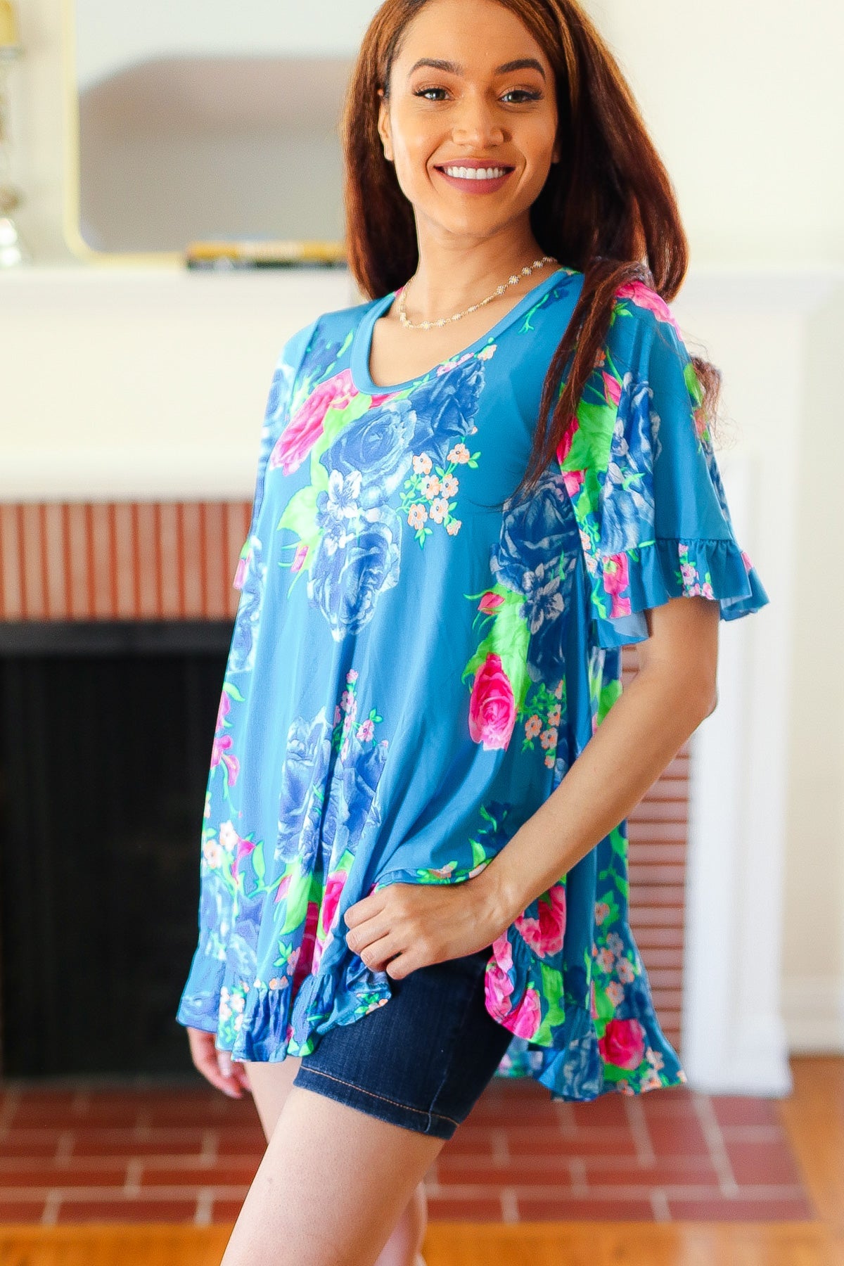 Feeling Playful Blue Floral Ruffle Sleeve & Hem Tunic Top - Charming Charlie