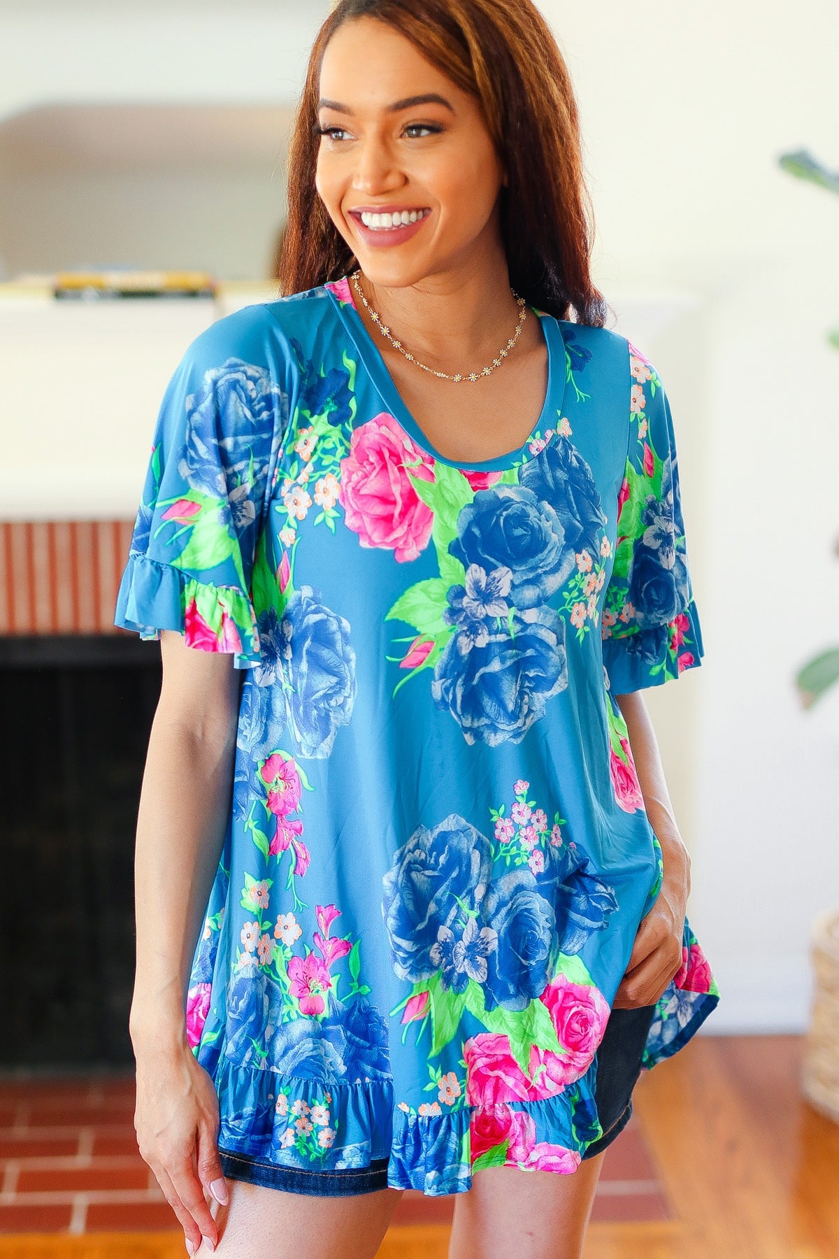 Feeling Playful Blue Floral Ruffle Sleeve & Hem Tunic Top - Charming Charlie