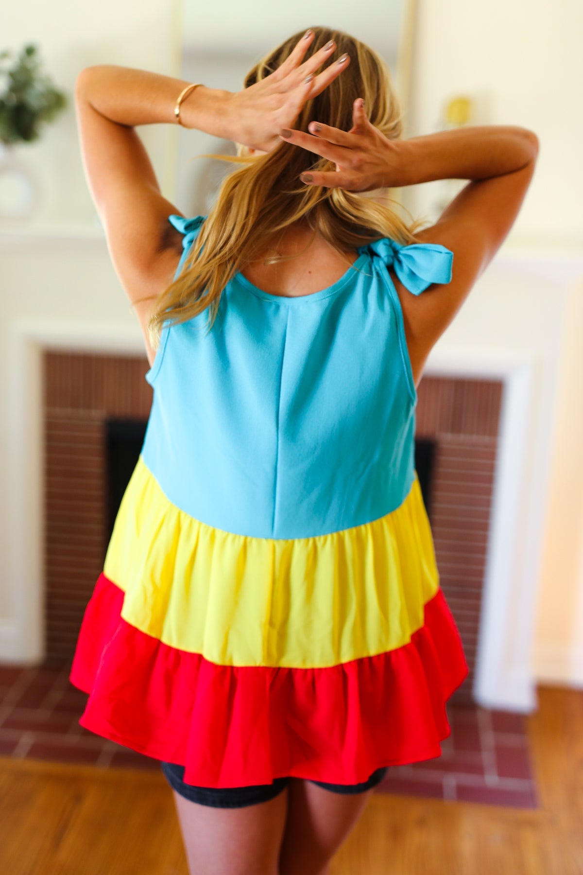 Multicolor Tiered Shoulder Tie Bow Crepe Top - Charming Charlie