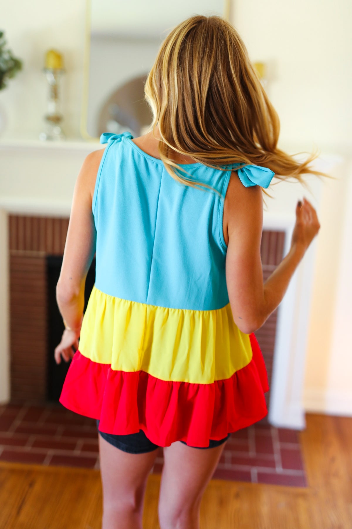 Multicolor Tiered Shoulder Tie Bow Crepe Top - Charming Charlie
