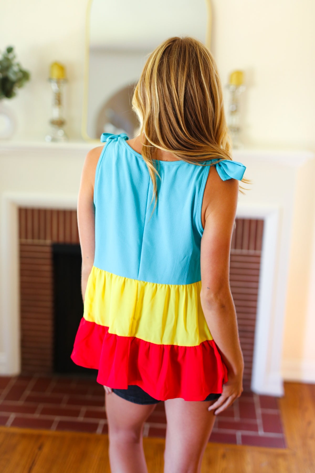 Multicolor Tiered Shoulder Tie Bow Crepe Top - Charming Charlie