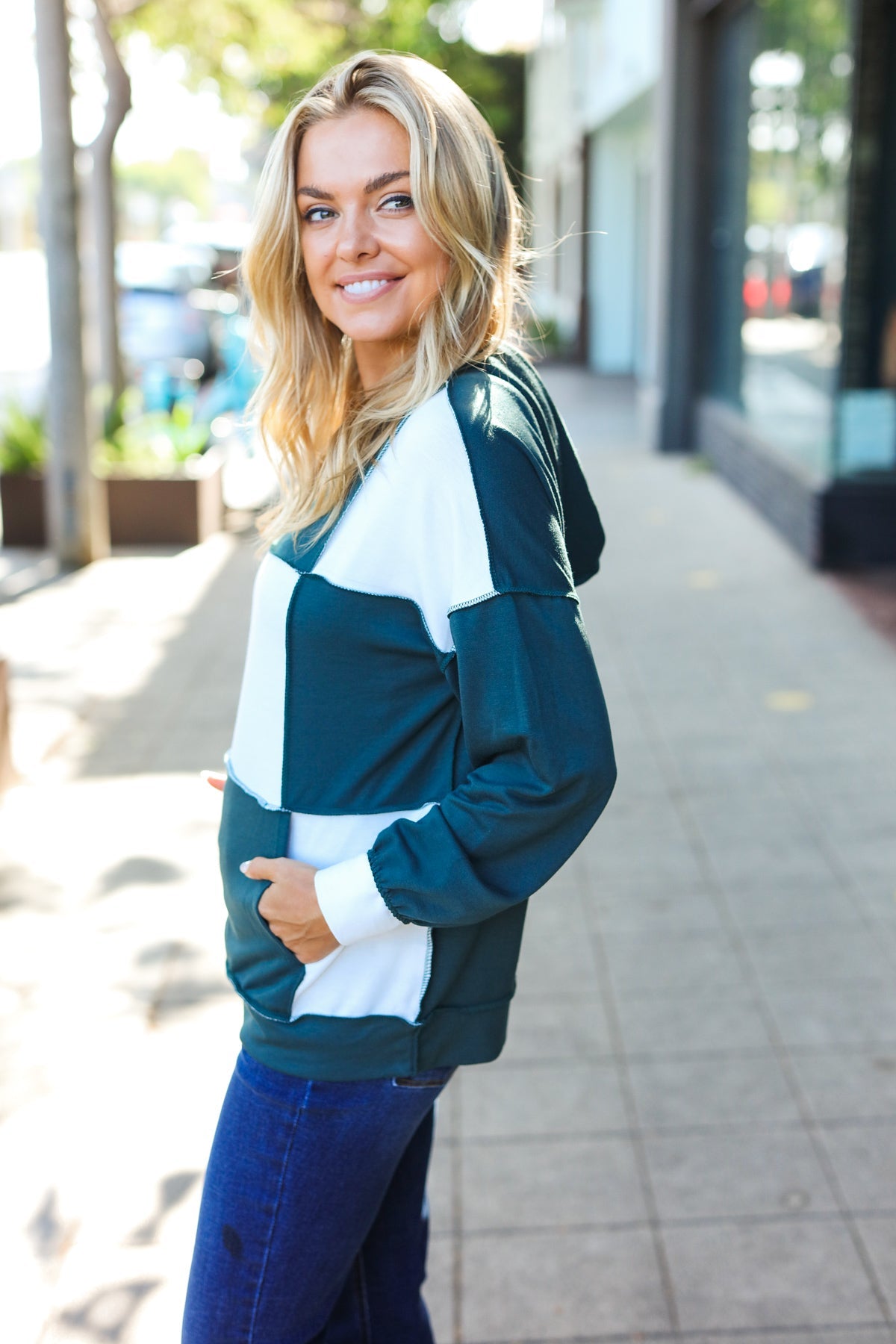 Adorable In Hunter Green Color Block Check Print Terry Hoodie - Charming Charlie