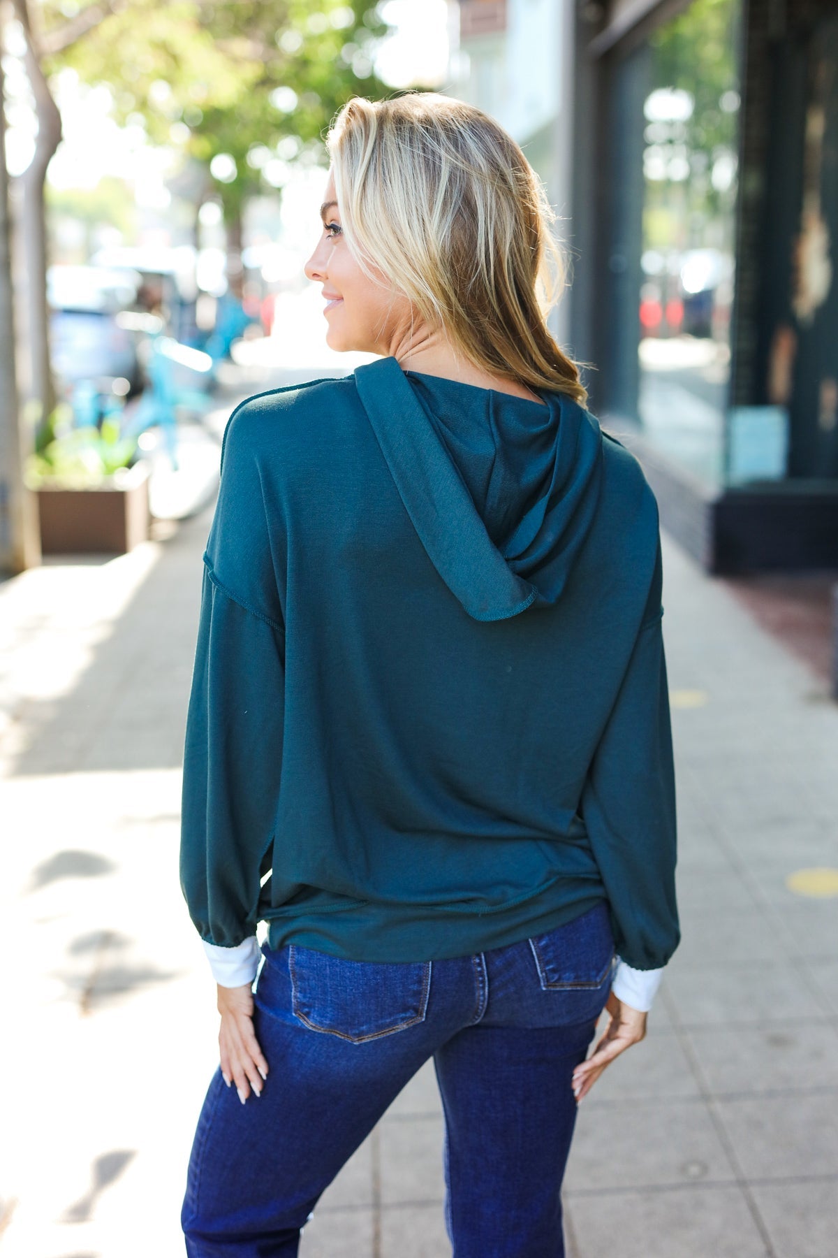 Adorable In Hunter Green Color Block Check Print Terry Hoodie - Charming Charlie