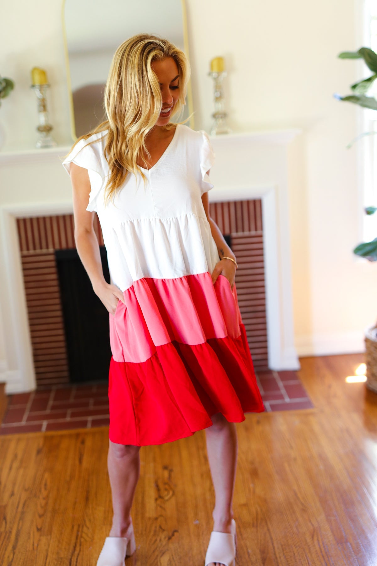 Peach & Cherry Red Tiered Frill Sleeve Midi Dress - Charming Charlie