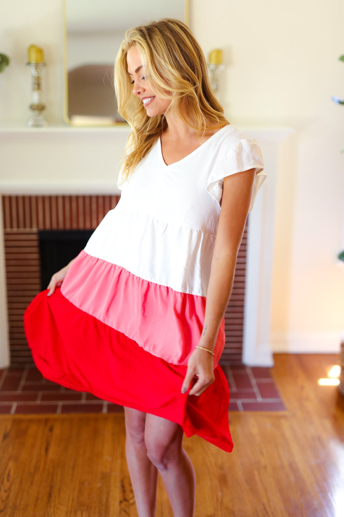 Peach & Cherry Red Tiered Frill Sleeve Midi Dress - Charming Charlie