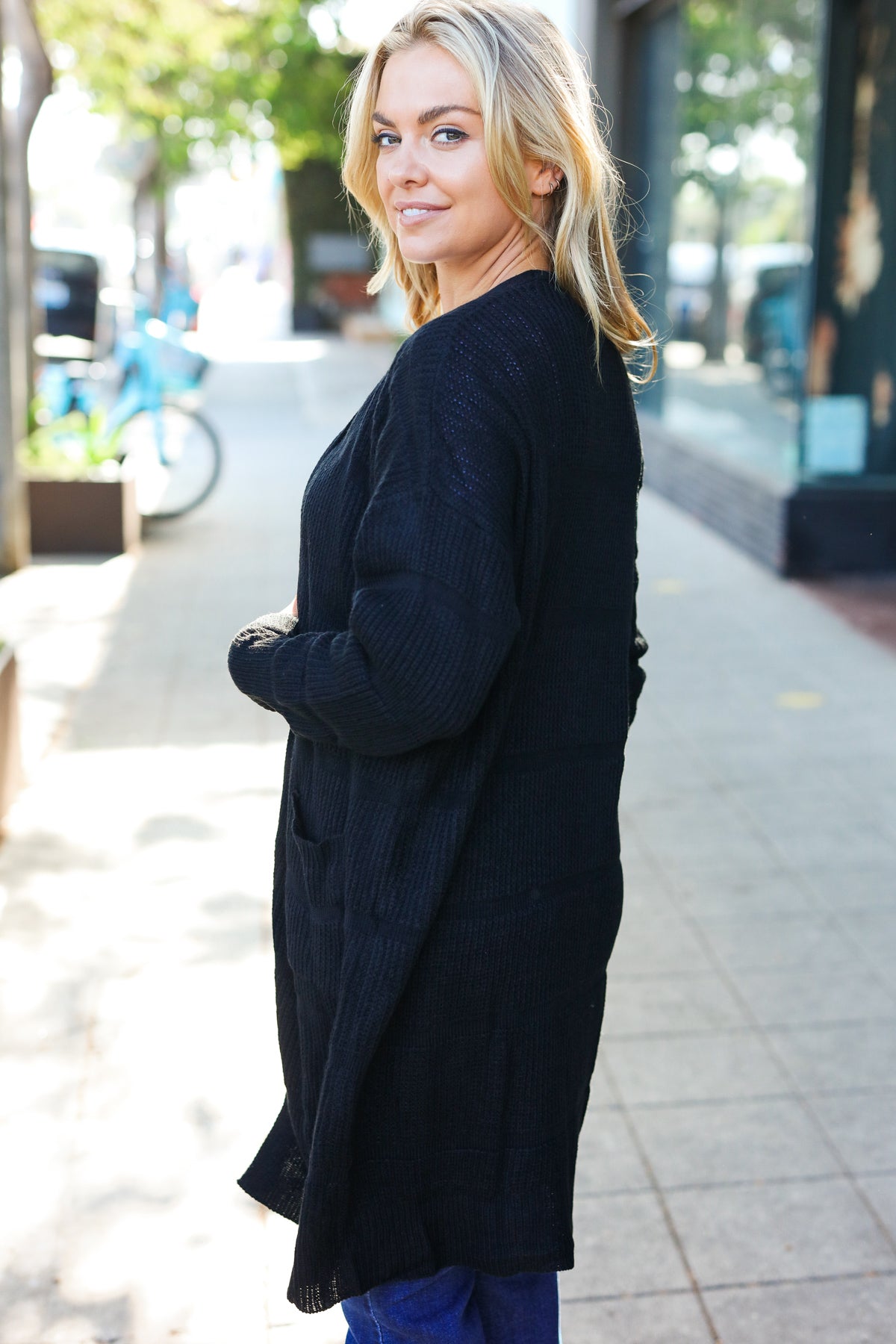 Everyday Black Striped Knit Open Cardigan - Charming Charlie