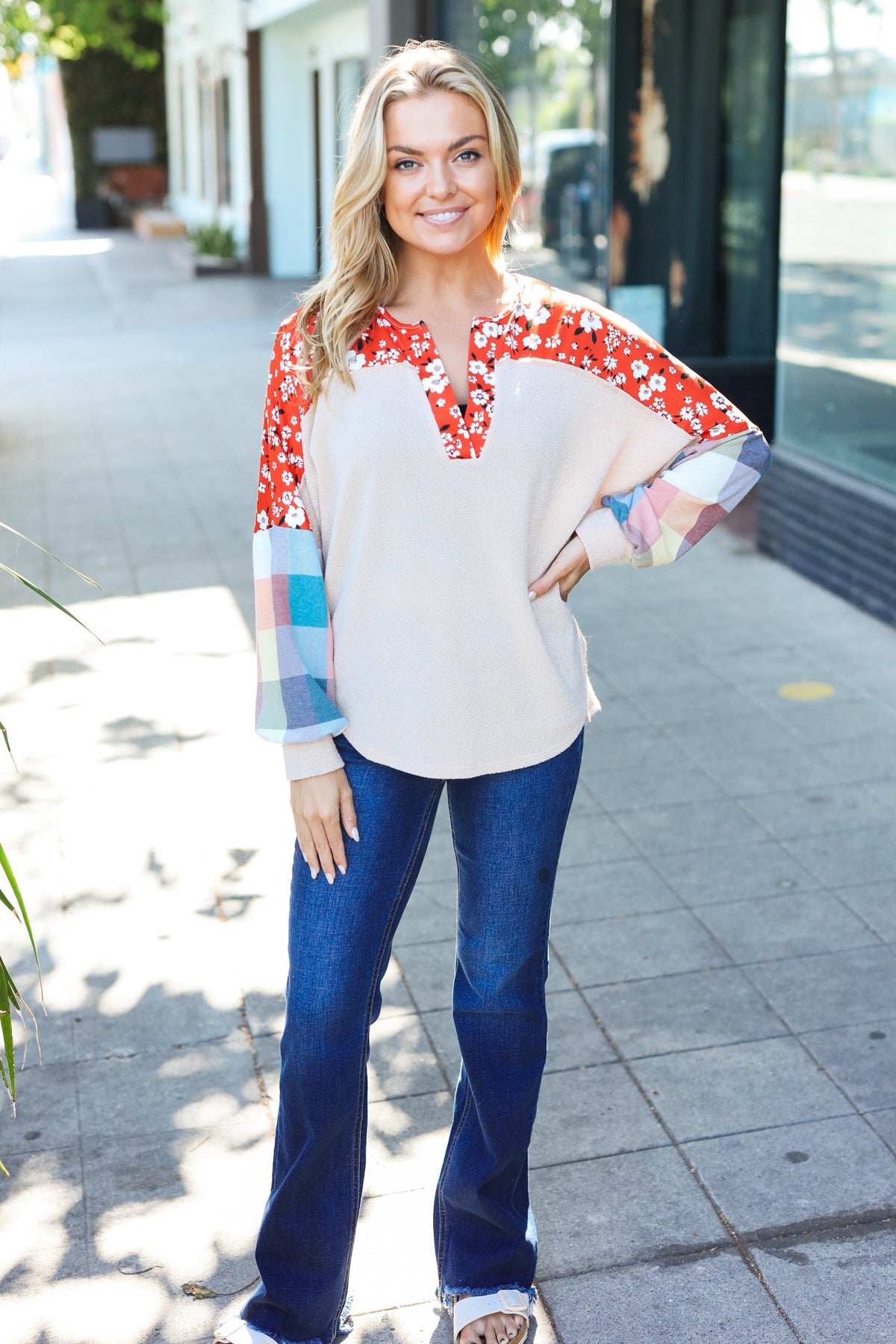Feeling Femme Oatmeal Plaid Floral Color Block Notch Neck Top - Charming Charlie