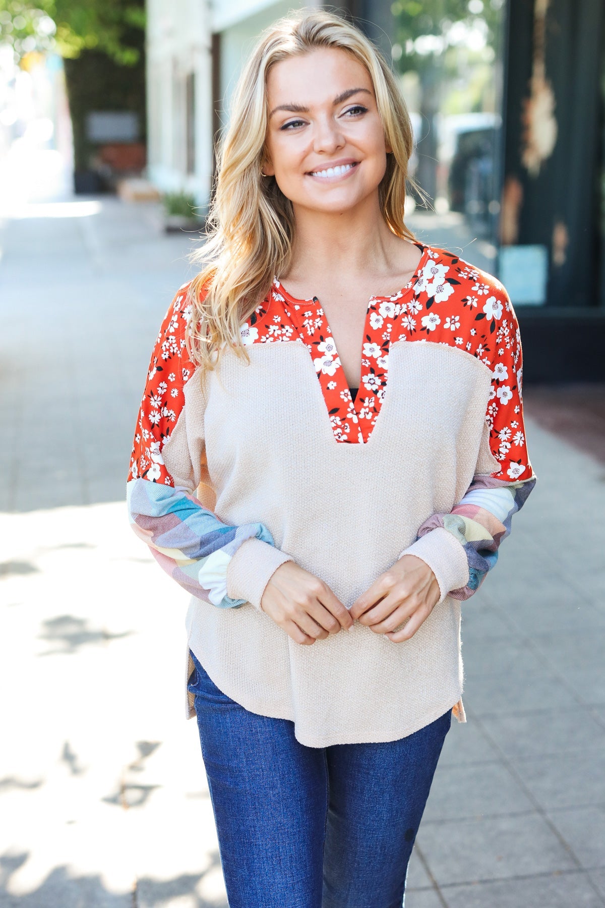 Feeling Femme Oatmeal Plaid Floral Color Block Notch Neck Top - Charming Charlie