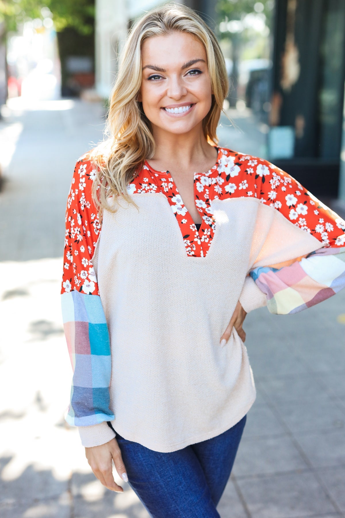 Feeling Femme Oatmeal Plaid Floral Color Block Notch Neck Top - Charming Charlie