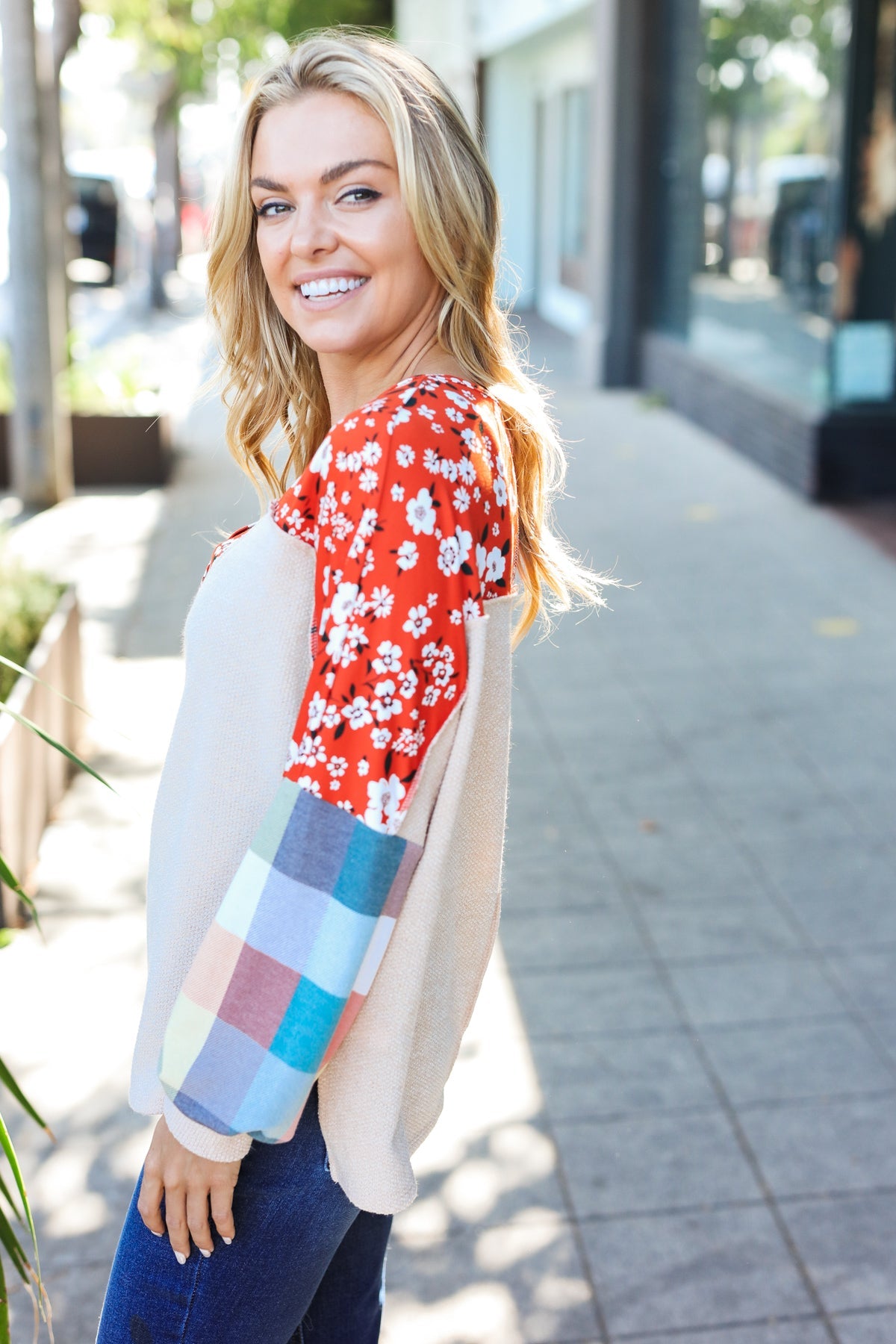 Feeling Femme Oatmeal Plaid Floral Color Block Notch Neck Top - Charming Charlie
