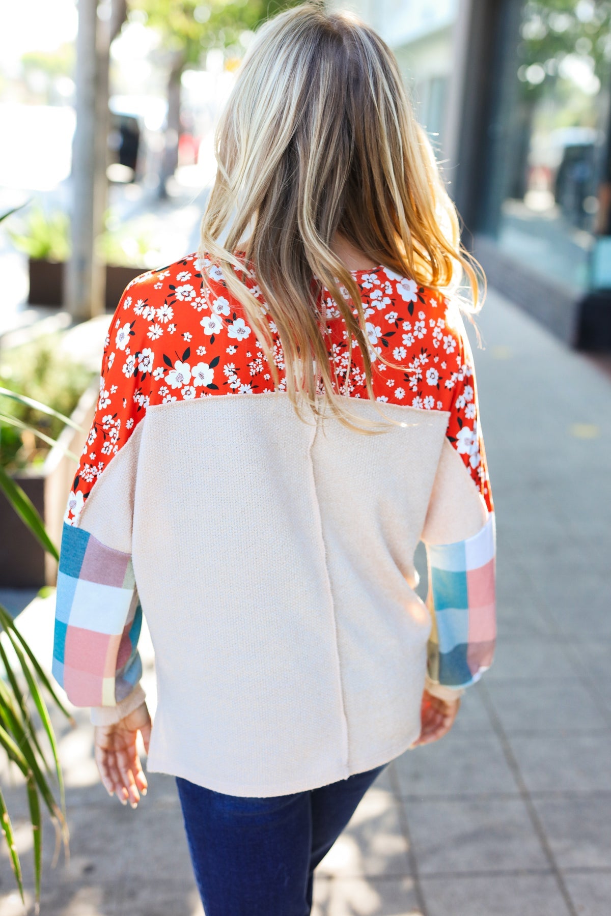 Feeling Femme Oatmeal Plaid Floral Color Block Notch Neck Top - Charming Charlie