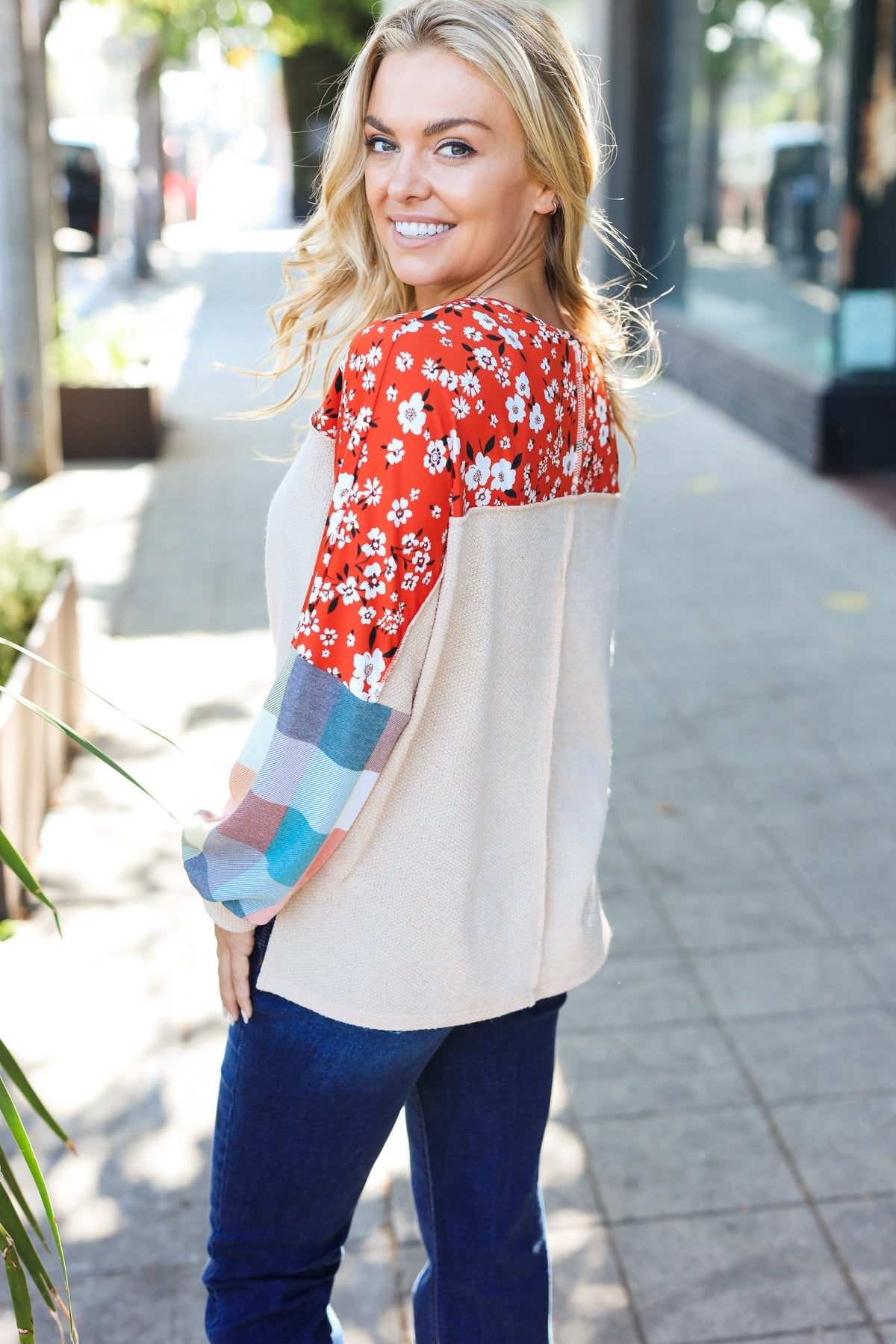 Feeling Femme Oatmeal Plaid Floral Color Block Notch Neck Top - Charming Charlie