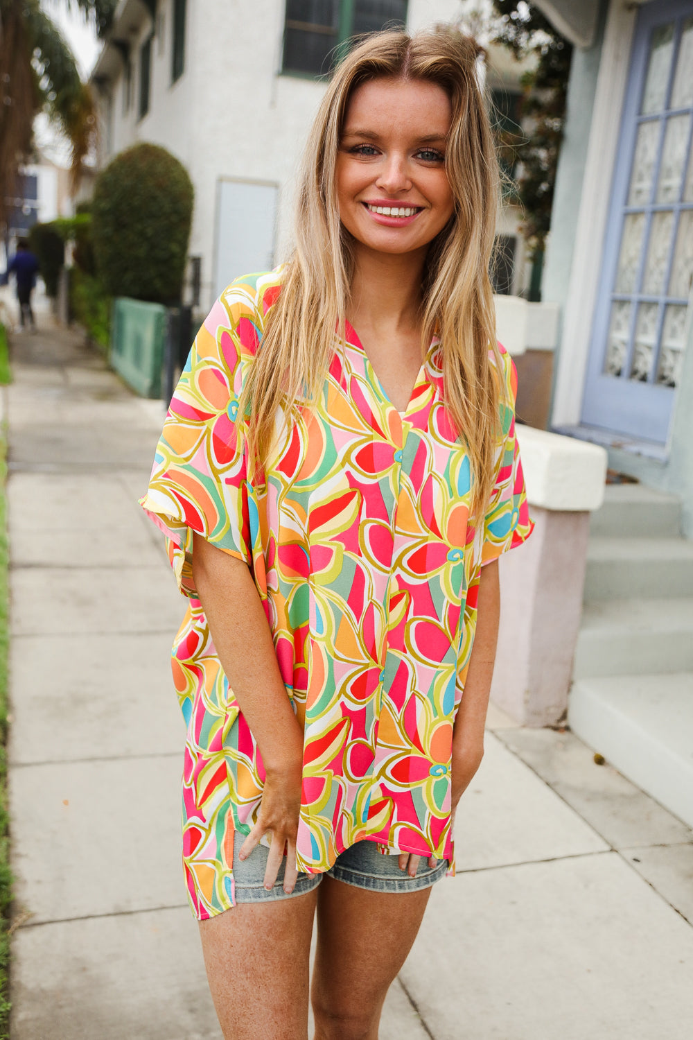 Casual Chic Multicolor Abstract V Neck Dolman Sleeve Top - Charming Charlie
