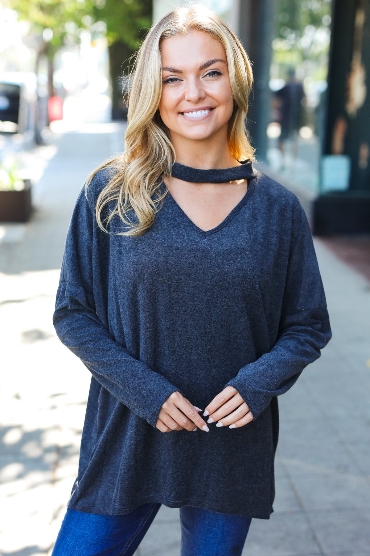 Casual Chic Solid Grey Choker Long Sleeve Hacci Pullover - Charming Charlie