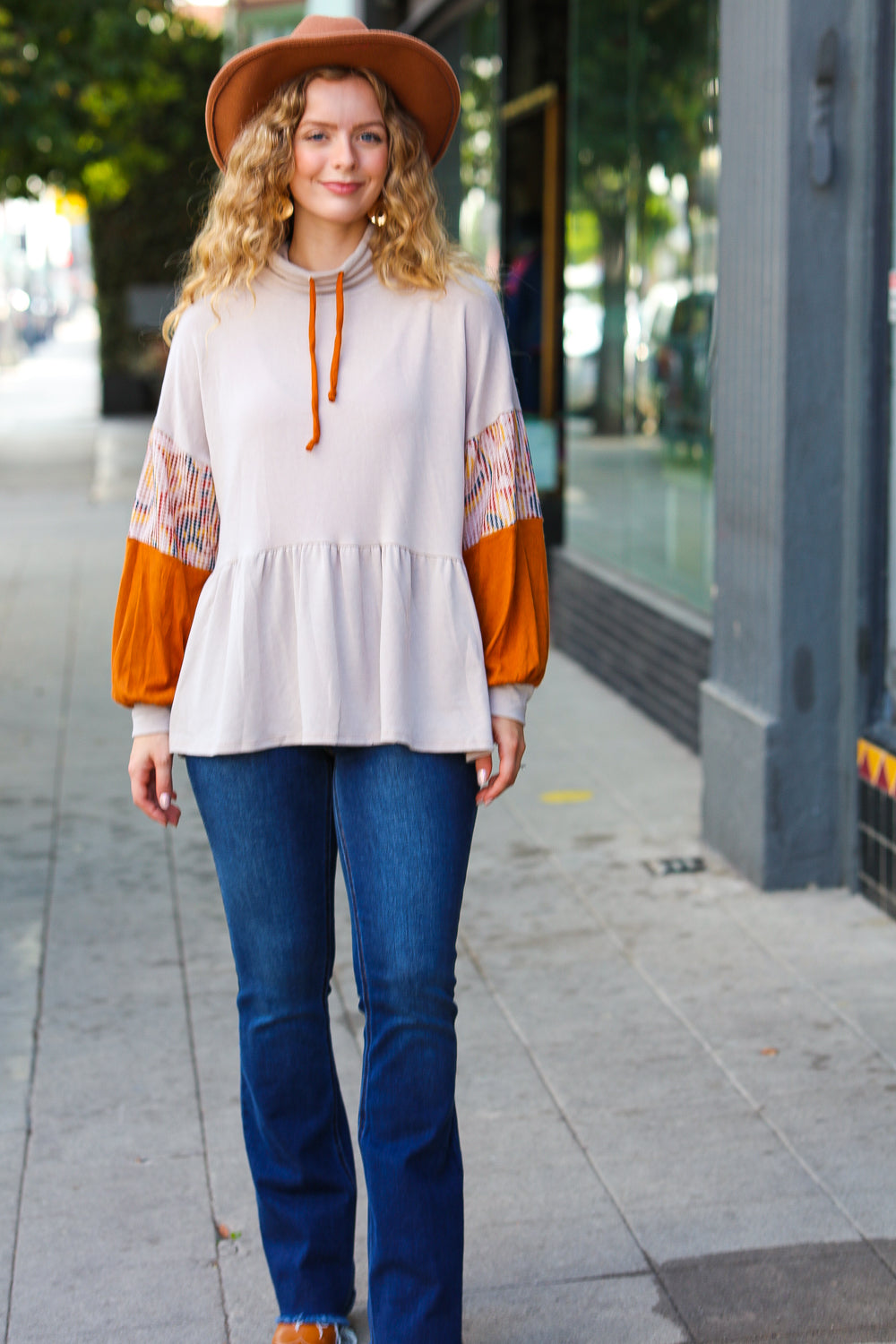 Taupe & Rust Turtleneck Babydoll Terry Top - Charming Charlie