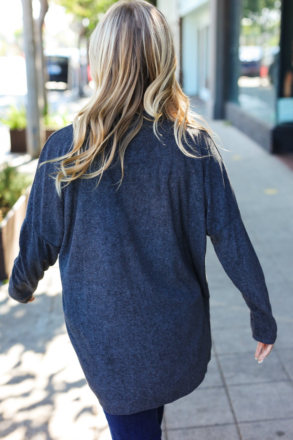 Casual Chic Solid Grey Choker Long Sleeve Hacci Pullover - Charming Charlie