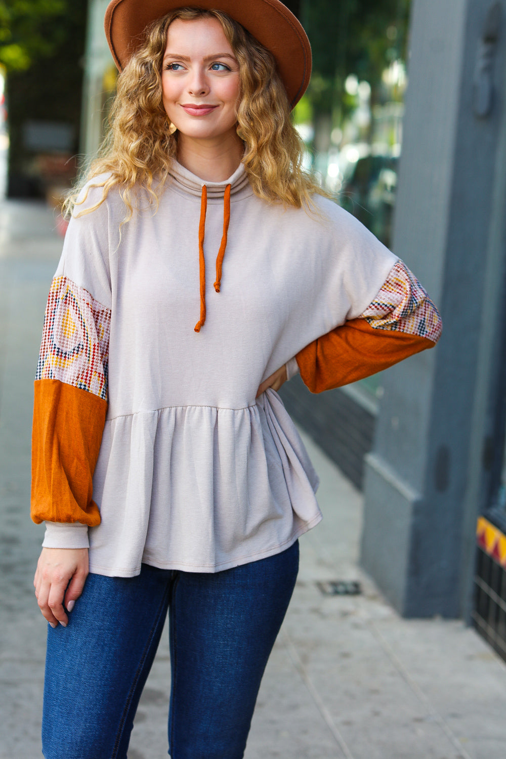 Taupe & Rust Turtleneck Babydoll Terry Top - Charming Charlie