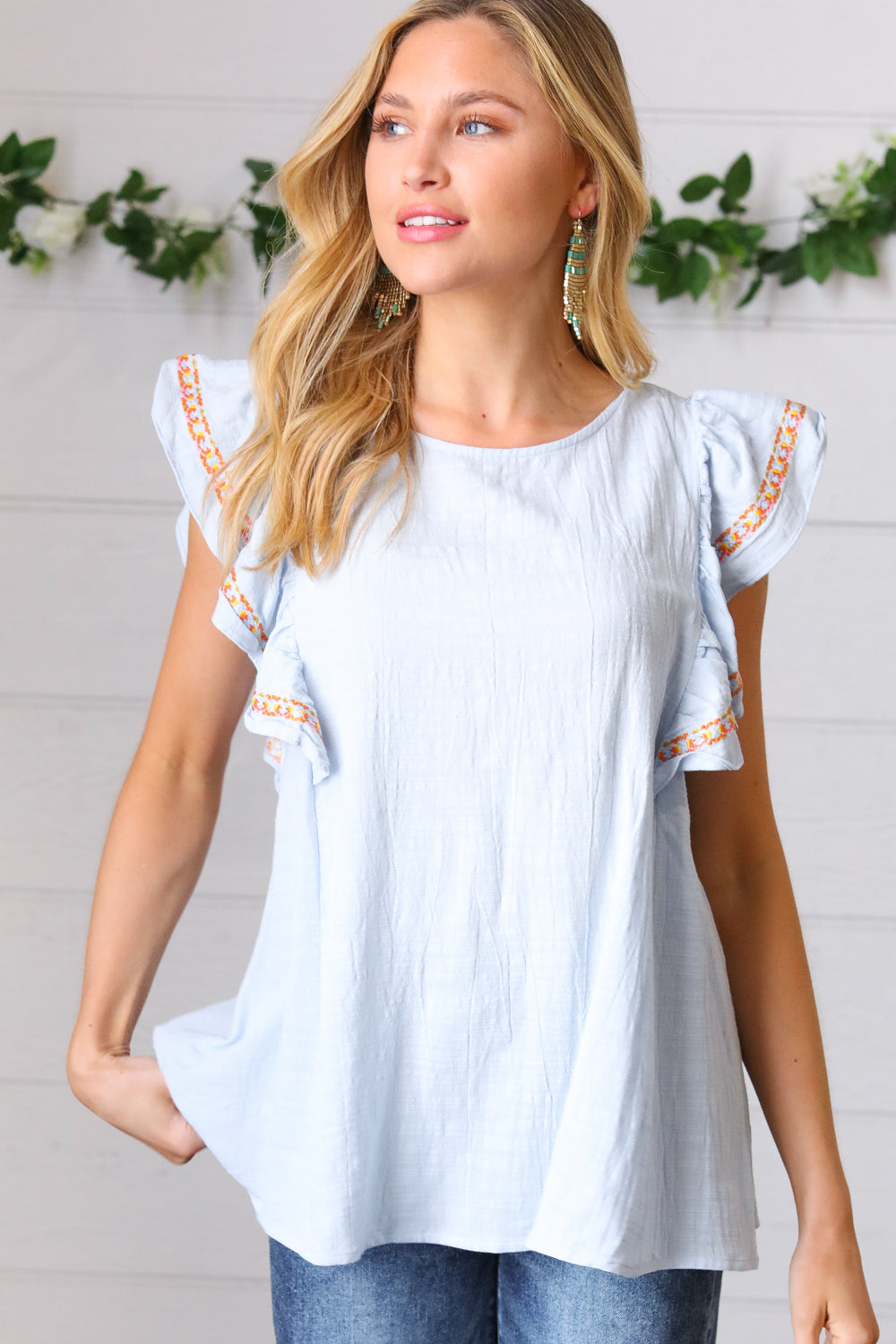 Chambray Embroidered Flutter Sleeve Top - Charming Charlie